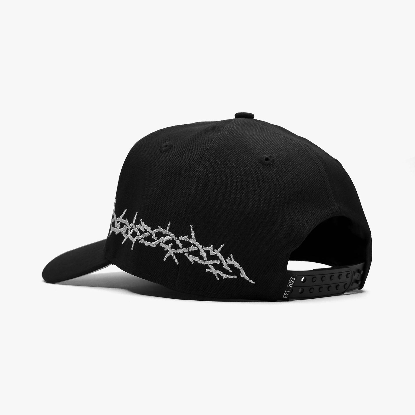 "A" Thorns Black 5-Panel Snapback Hat – Rear View with Thorns Embroidery and Closure