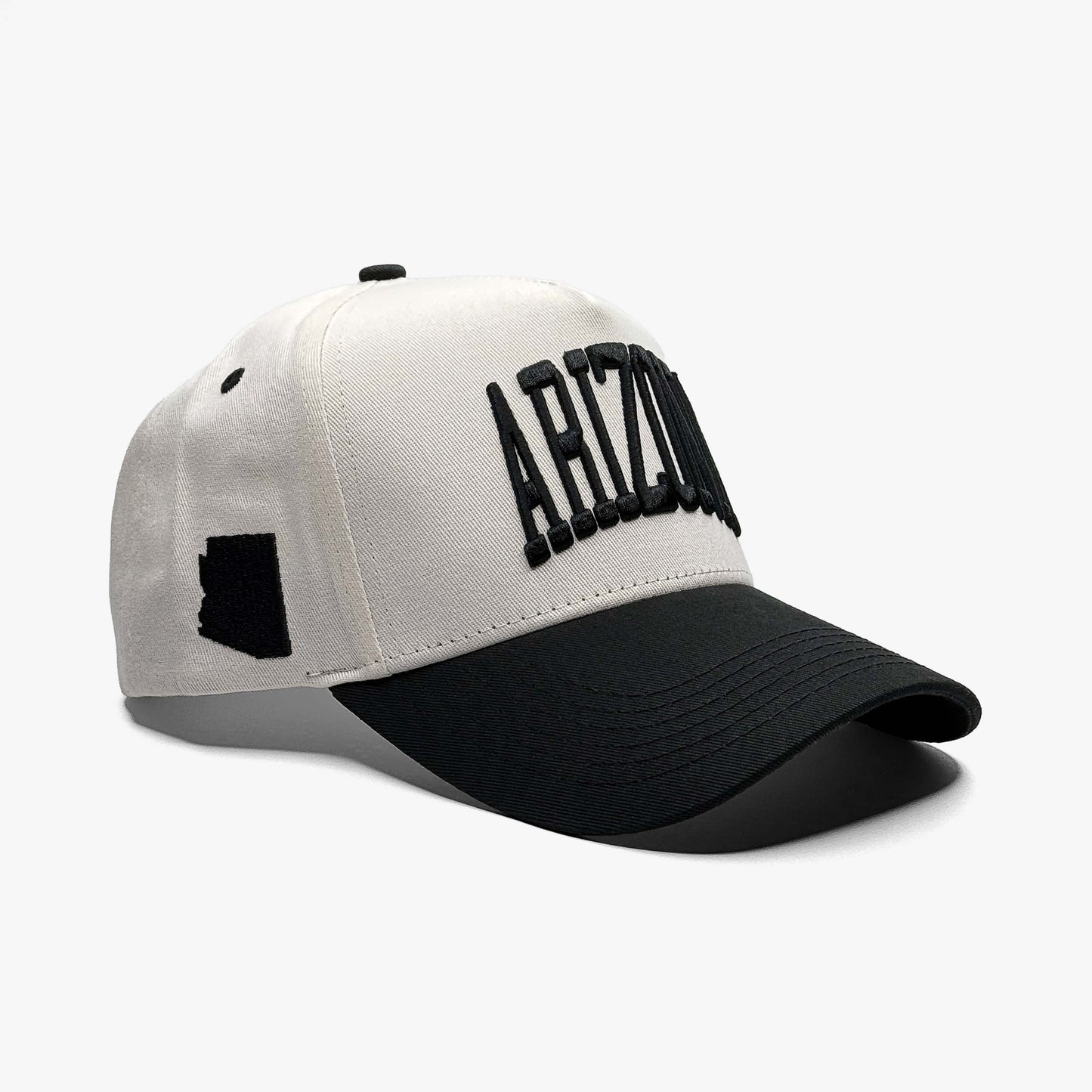Arizona Off White 5-Panel Snapback Hat – Right Angle View with Arizona State Silhouette Embroidery