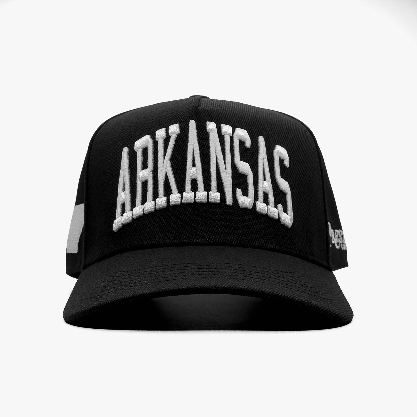 Arkansas Black 5-Panel Snapback Hat – Prestige Collection Front View with Embroidered Arkansas Name