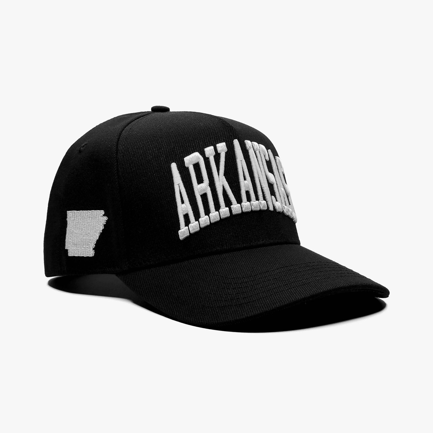 Arkansas Black 5-Panel Snapback Hat – Prestige Collection Side Angle View with State Silhouette Embroidery