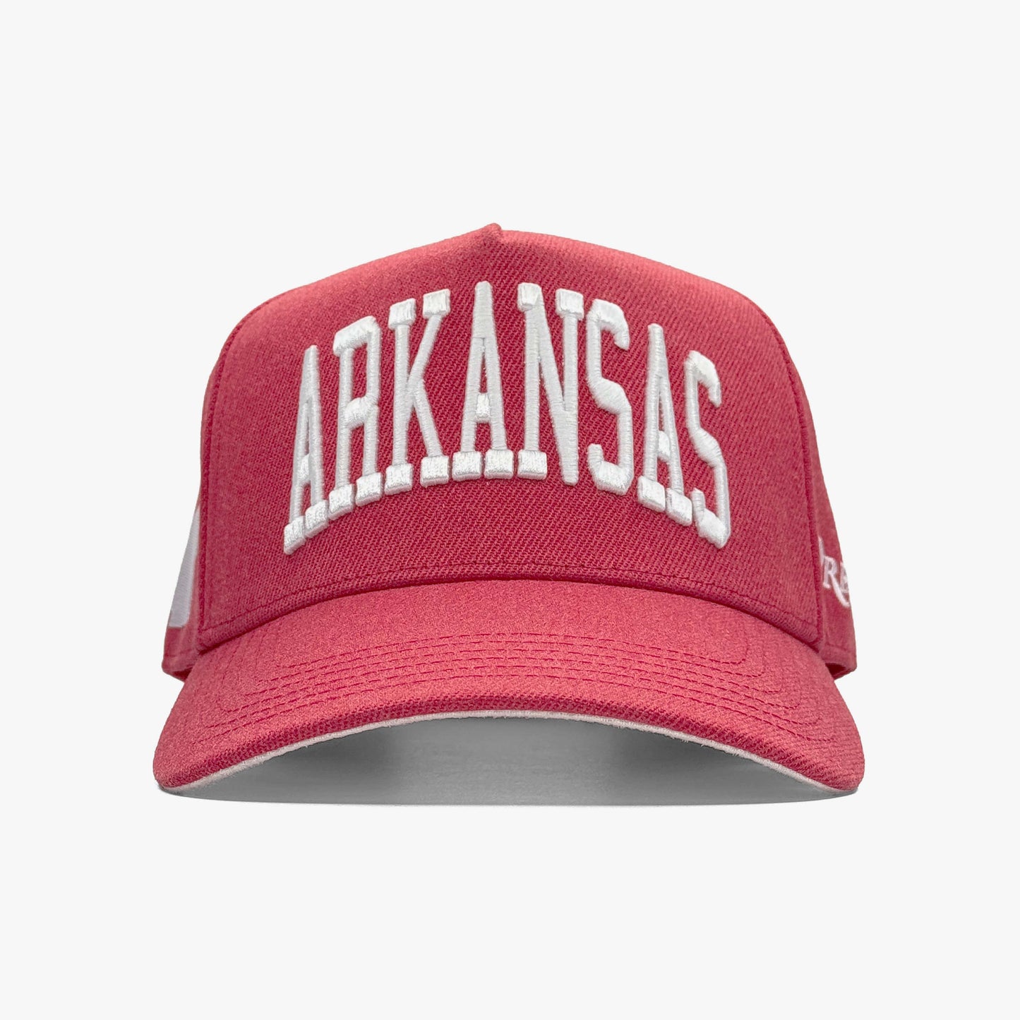 Arkansas Cardinal Red 5-Panel Snapback Hat – Center Front View with Arkansas Embroidery
