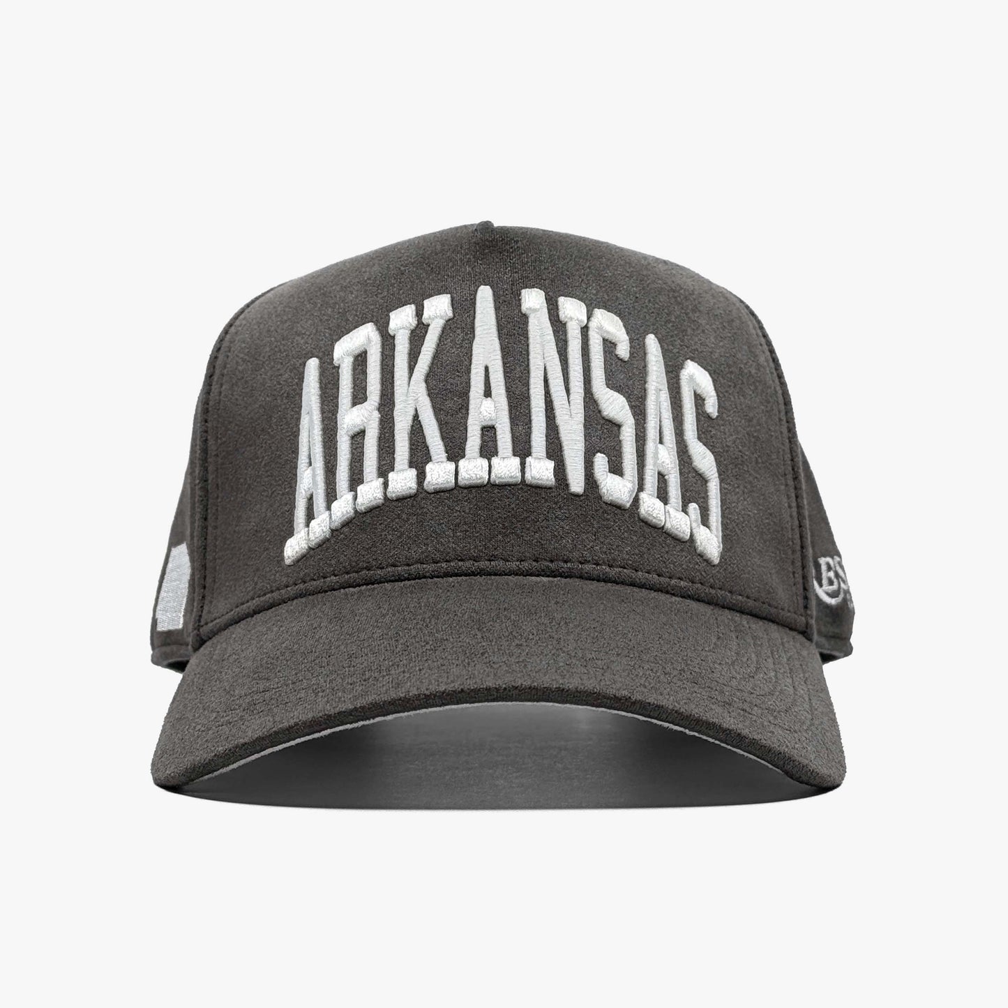 Arkansas Charcoal Suede 5-Panel Snapback Hat – Front View with Arkansas Embroidery
