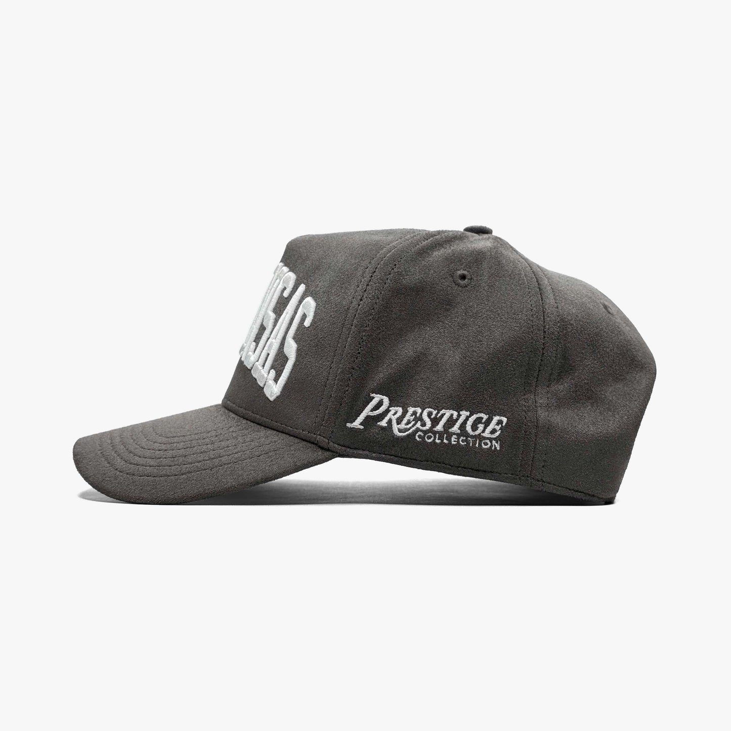Arkansas Charcoal Suede 5-Panel Snapback Hat – Left Side View Showing Prestige Collection Logo Embroidery