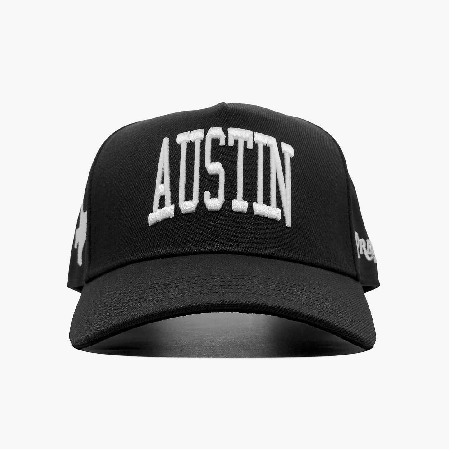 Austin Black 5-Panel Snapback Hat – Center Front View with Austin Embroidery