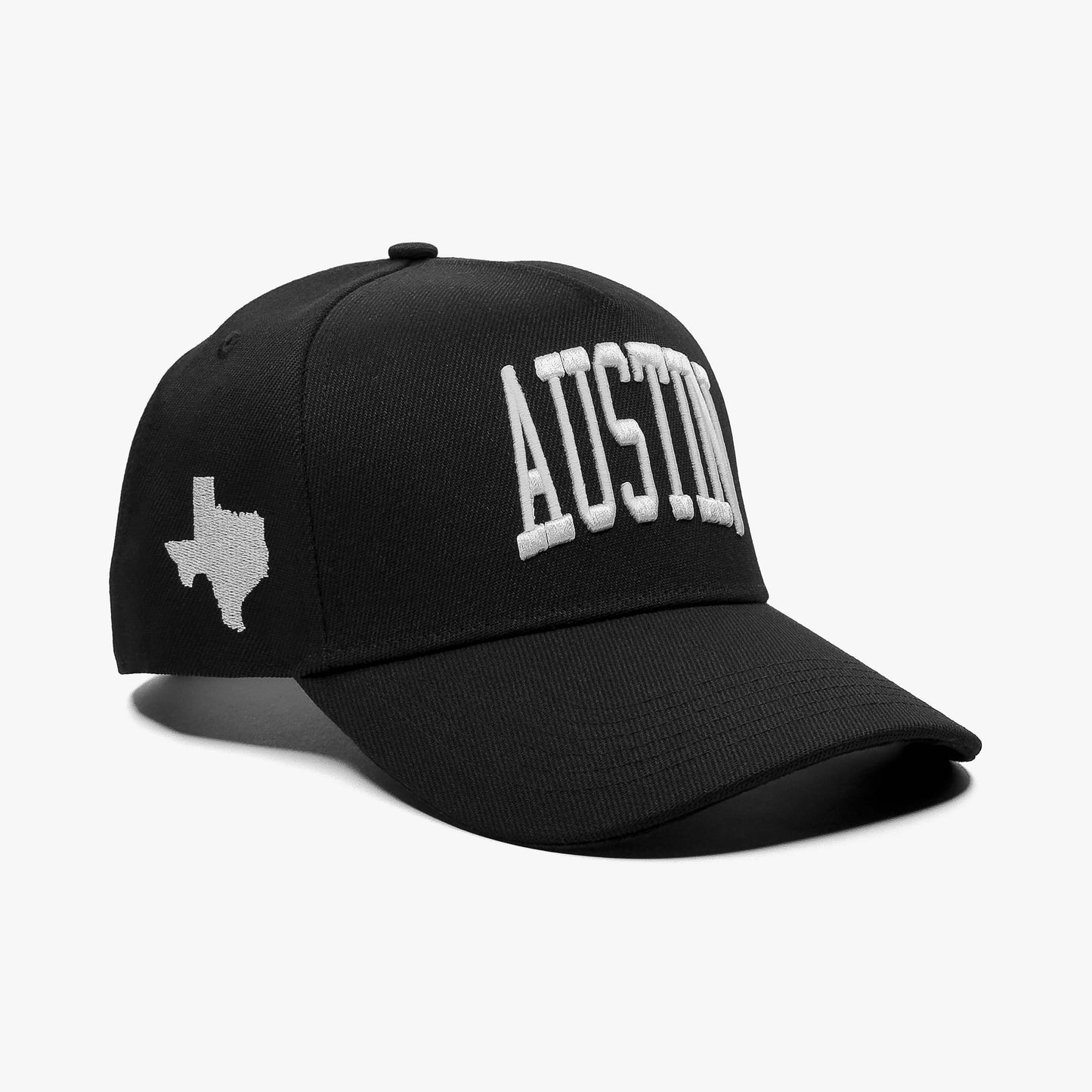 Austin Black 5-Panel Snapback Hat – Right Angle View with Texas Embroider