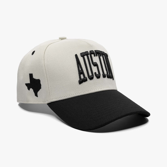 Austin Off White 5-Panel Snapback Hat – Right Angle View with Texas Embroidery