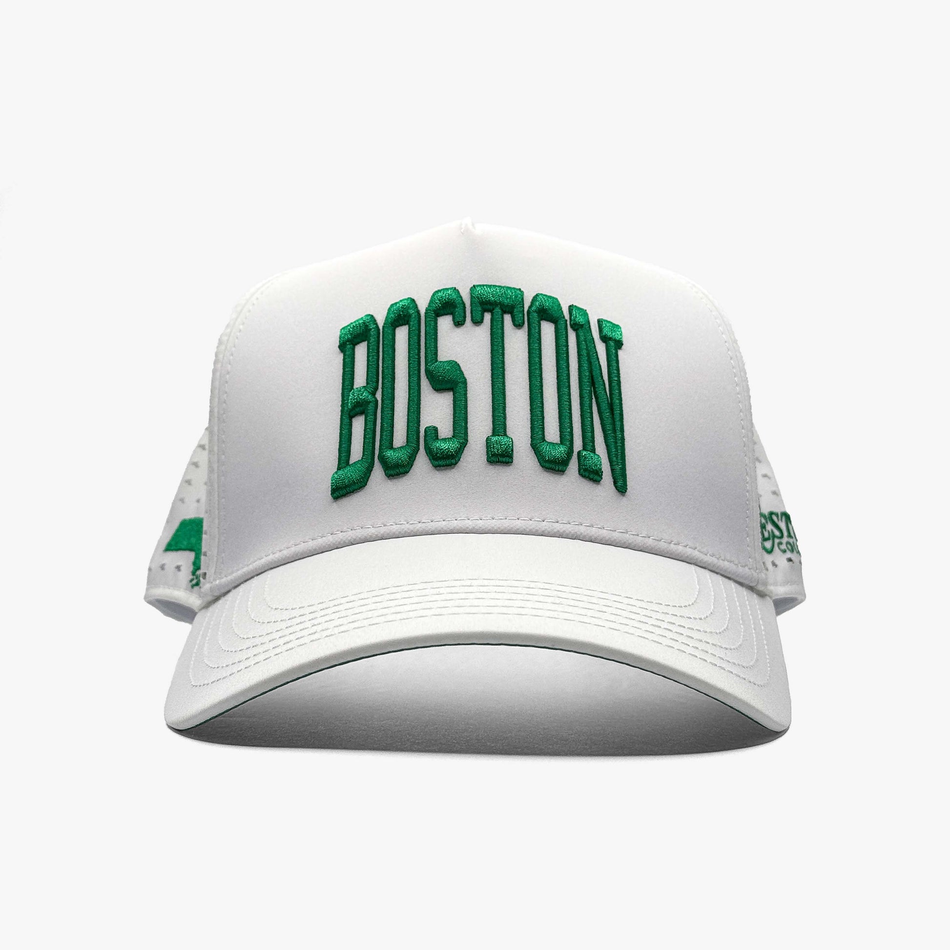 Boston Performance White/Green Limited 5-Panel Snapback Hat – Front View with Boston Embroidery