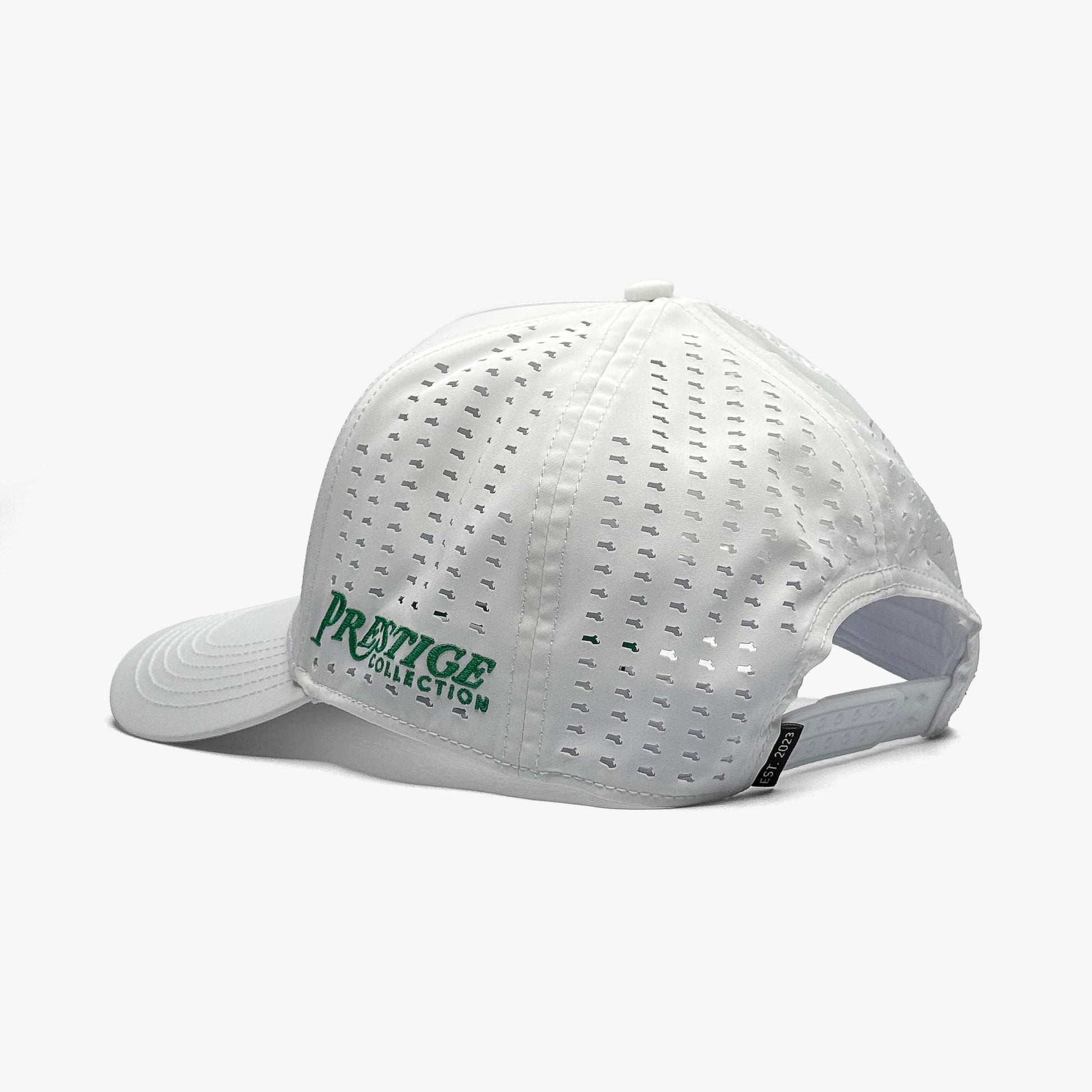 Boston Performance White/Green Limited 5-Panel Snapback Hat – Rear View Showing Prestige Collection Logo Embroidery