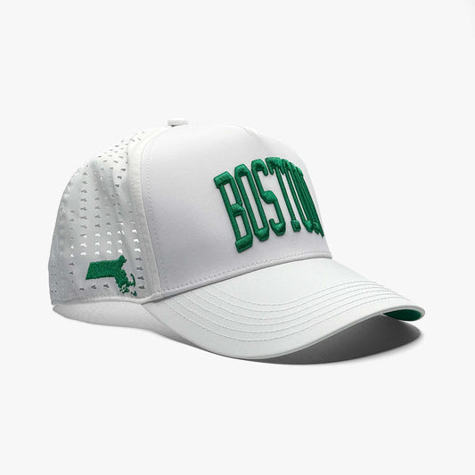 Boston Performance White/Green Limited 5-Panel Snapback Hat – Right Angle View with Massachusetts Silhouette Embroidery