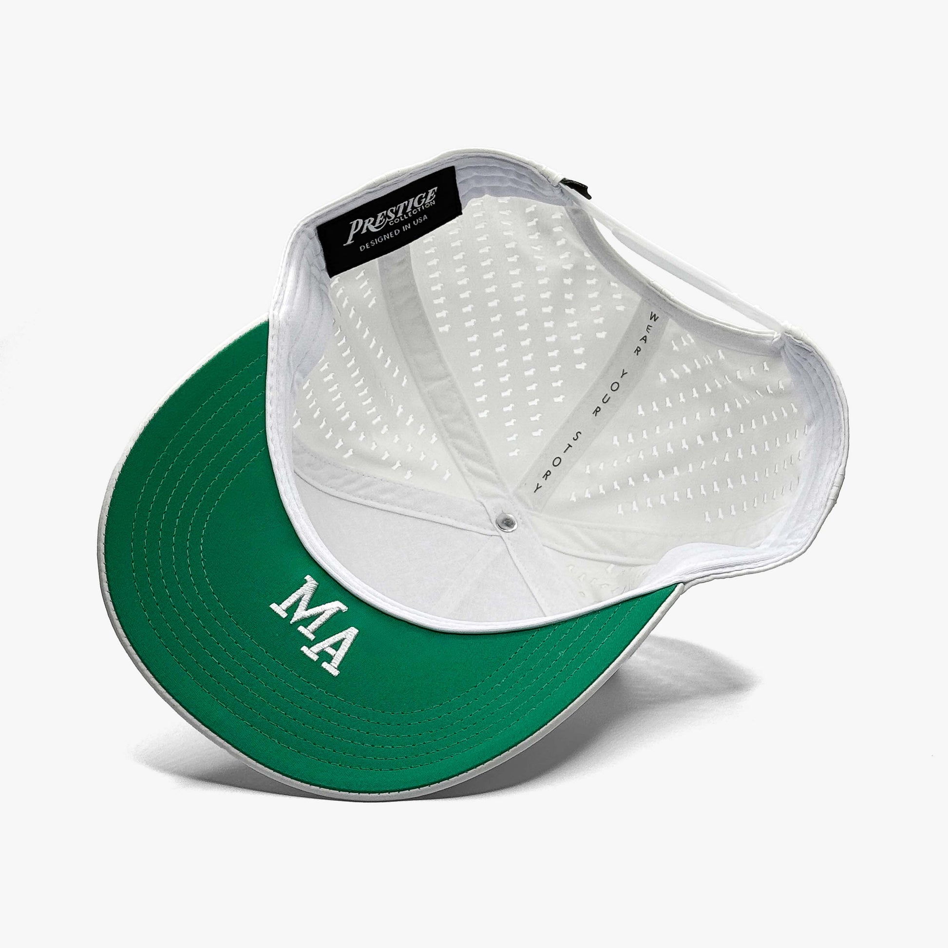 Boston Performance White/Green Limited 5-Panel Snapback Hat – Under Brim View with MA Abbreviation Embroidery