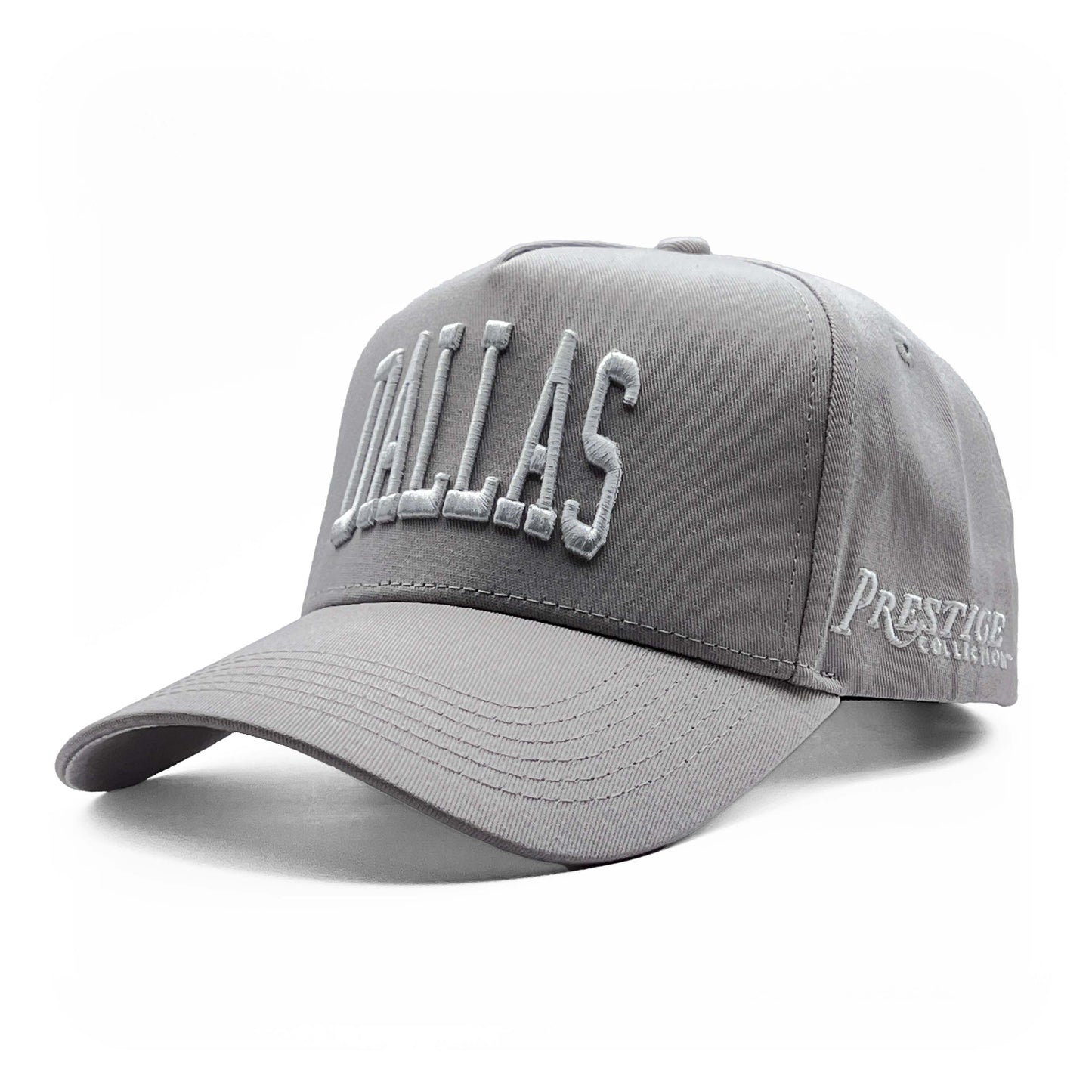 Dallas Gray Limited 5-Panel Cotton Snapback Hat – Left Angle View with Dallas Embroidery
