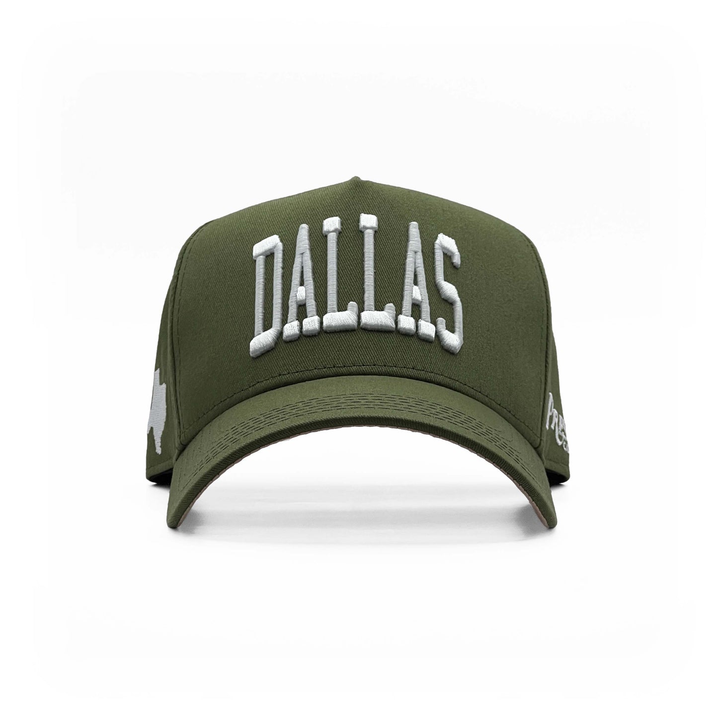 Dallas Olive Limited 5-Panel Snapback Hat – Front View with Dallas Embroidery