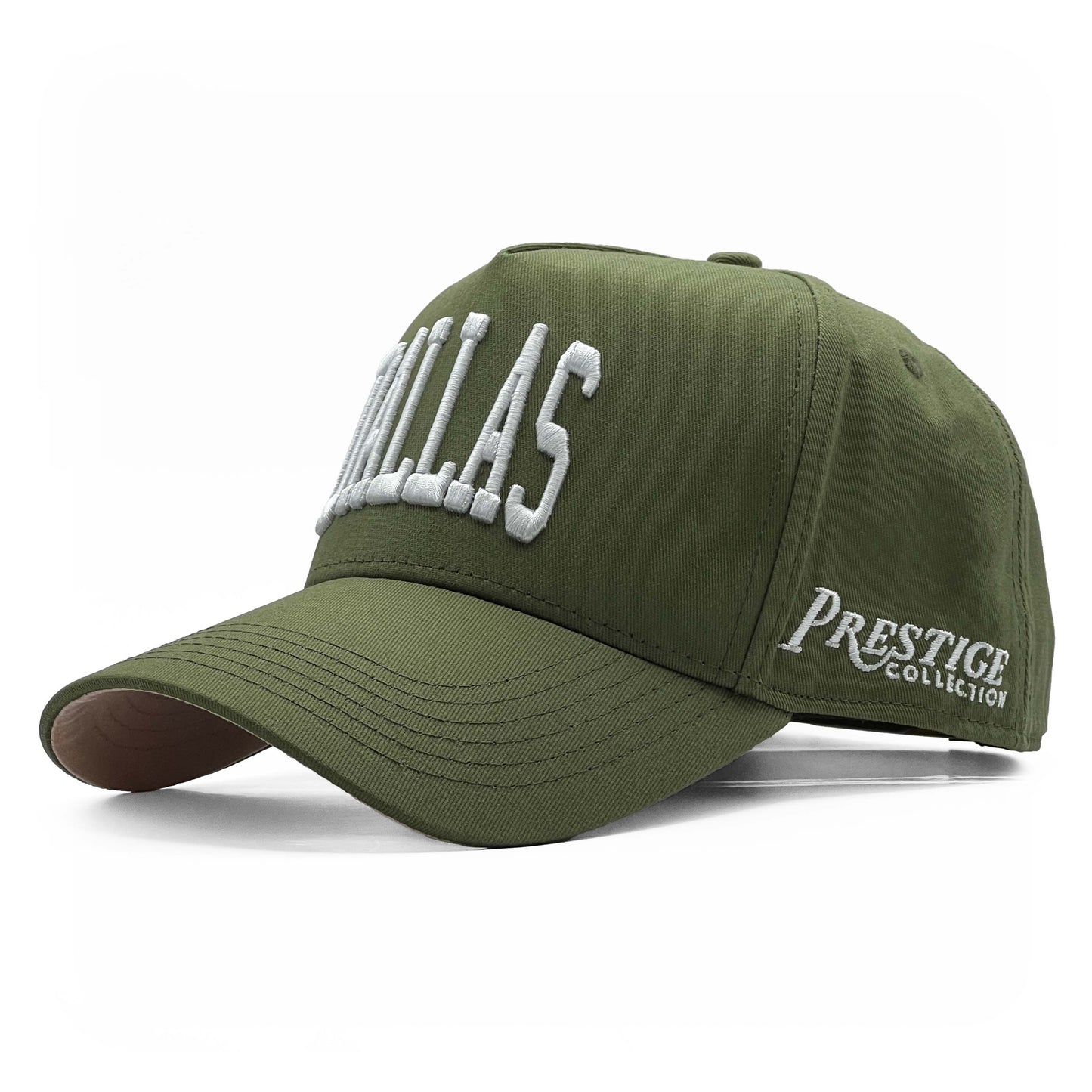 Dallas Olive Limited 5-Panel Snapback Hat – Side View Highlighting Logo Embroidery and Suede Contrast