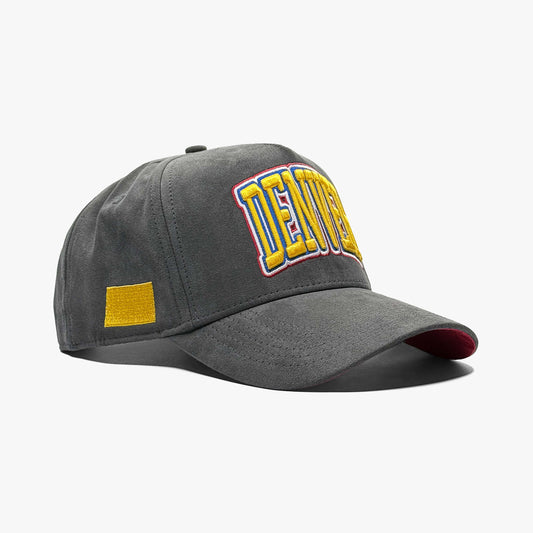 Denver Charcoal Suede Limited 5-Panel Snapback Hat – Right Angle View with Gold Flag Detail Embroidery