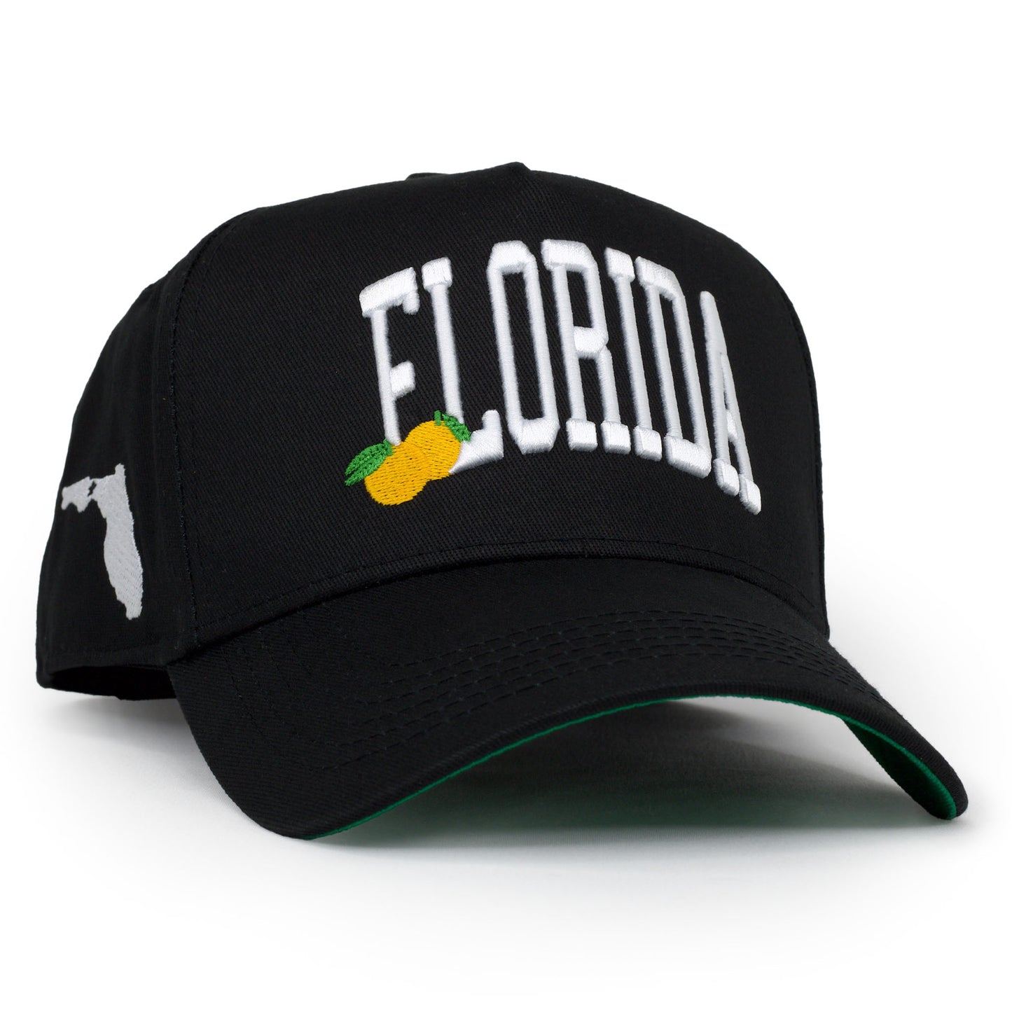Florida Black YIFNO Limited 5-Panel Cotton Snapback Hat – Right Angle View with Florida Silhouette and Orange Embroidery