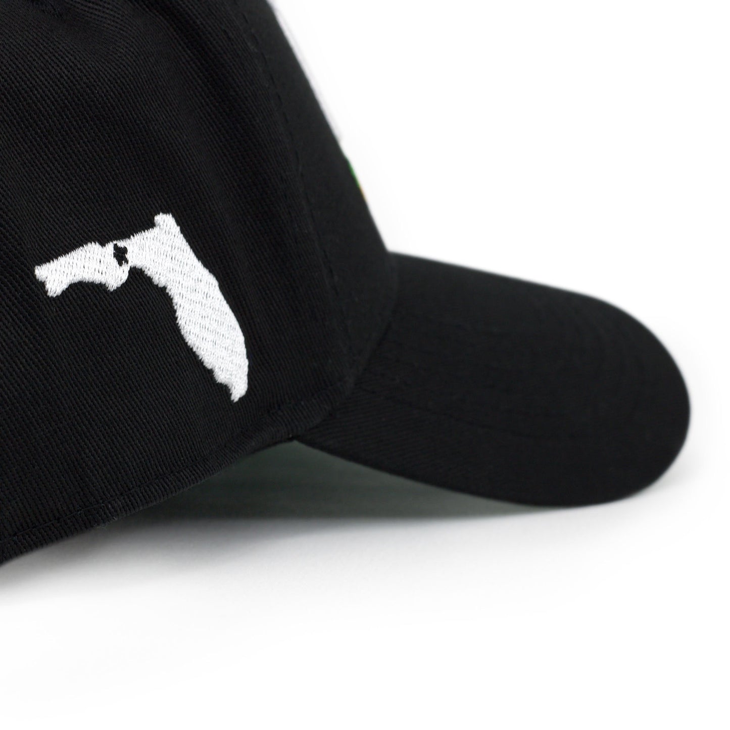 Florida Black YIFNO Limited 5-Panel Cotton Snapback Hat – Closeup of Florida Silhouette Embroidery