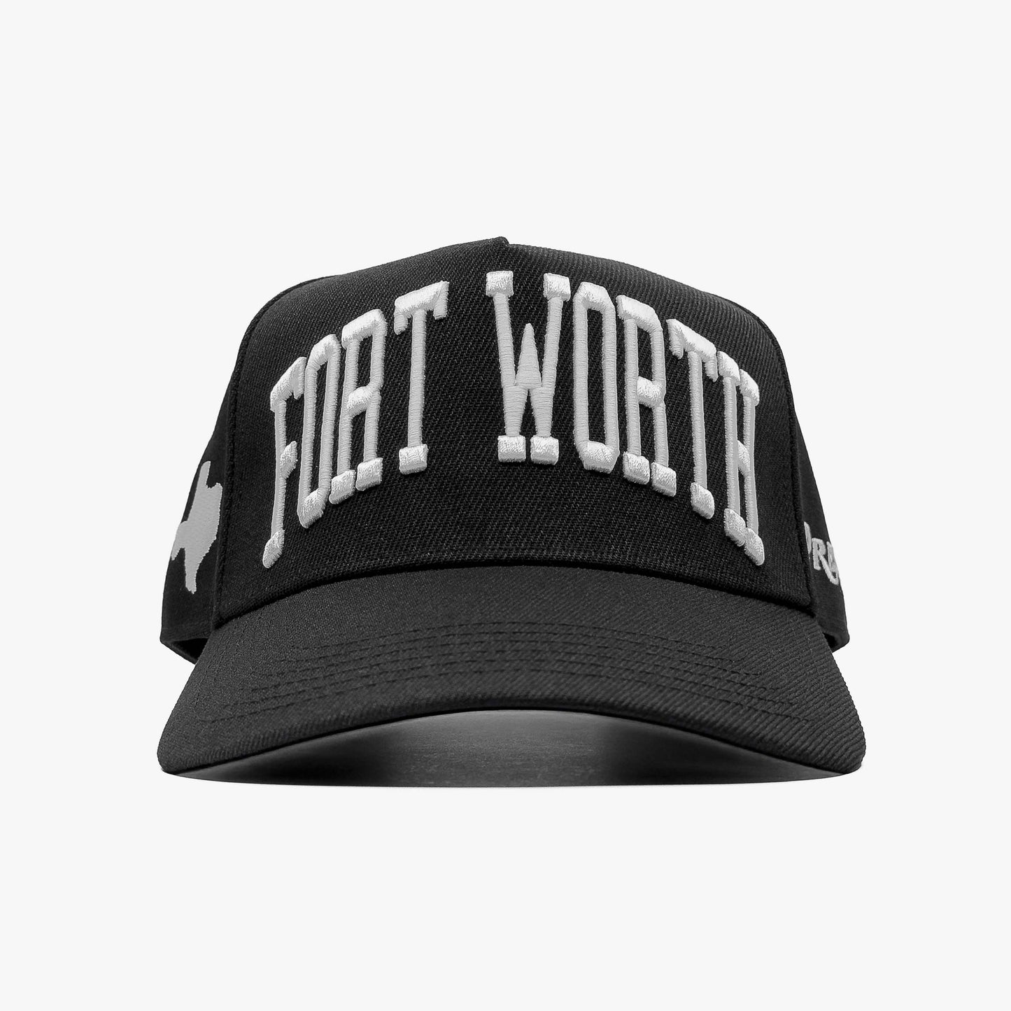 Fort Worth Black 5-Panel Snapback Hat – Prestige Collection Front View with Embroidered Fort Worth Name