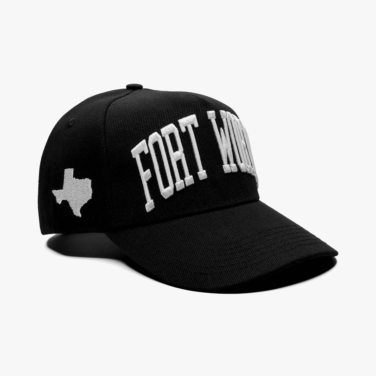 Fort Worth Black 5-Panel Snapback Hat – Prestige Collection Side Angle View with Texas State Silhouette Embroidery
