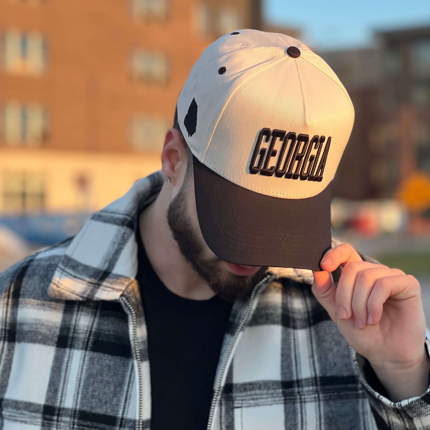Model Wearing Georgia Off White Snapback – Outdoor Front View