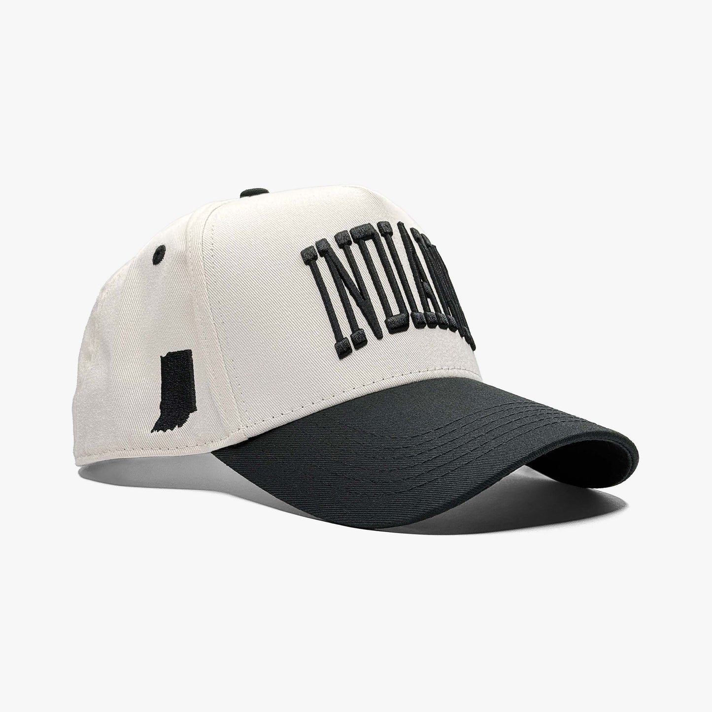 Indiana Off White 5-Panel Snapback Hat – Right Angle View with State Silhouette Embroidery