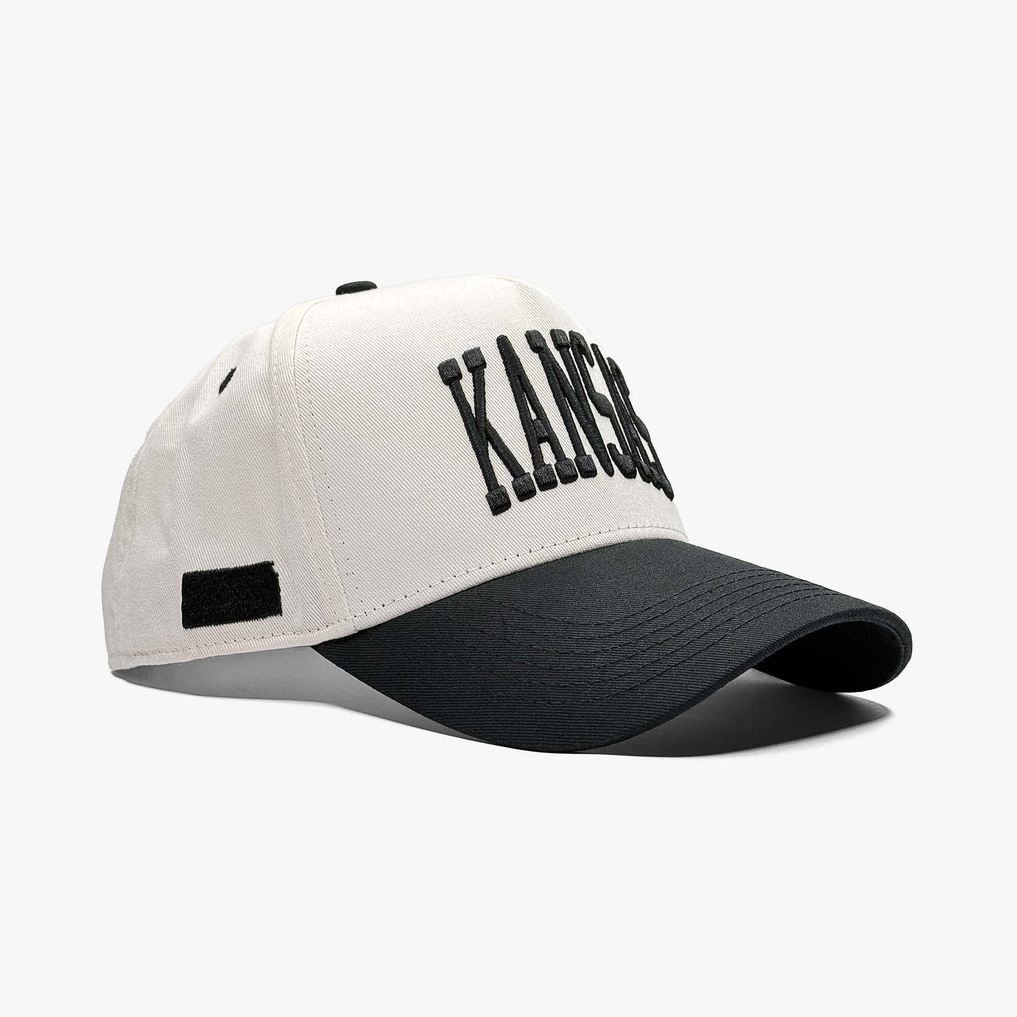 Kansas Off White 5-Panel Snapback Hat – Right Angle View with State Silhouette Embroidery
