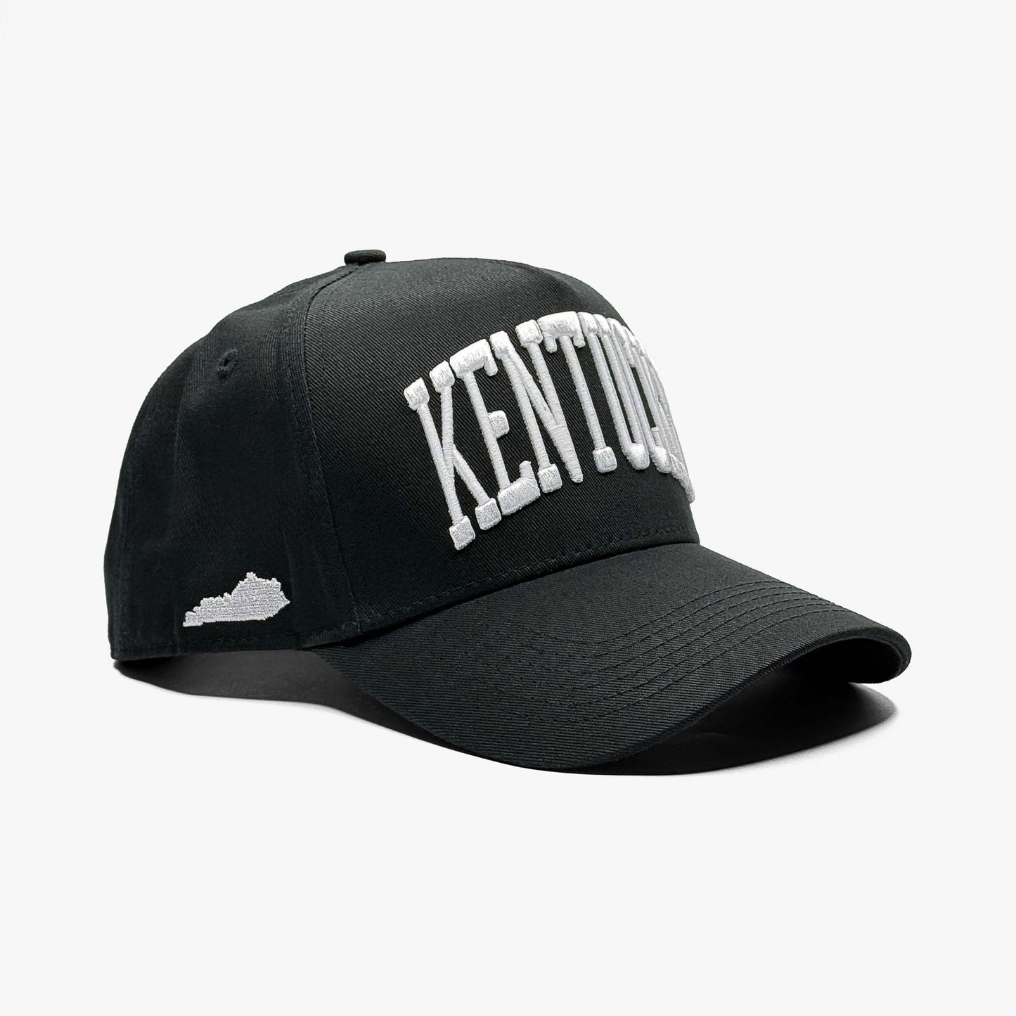 Kentucky Black 5-Panel Snapback Hat – Right Angle View with State Silhouette Embroidery
