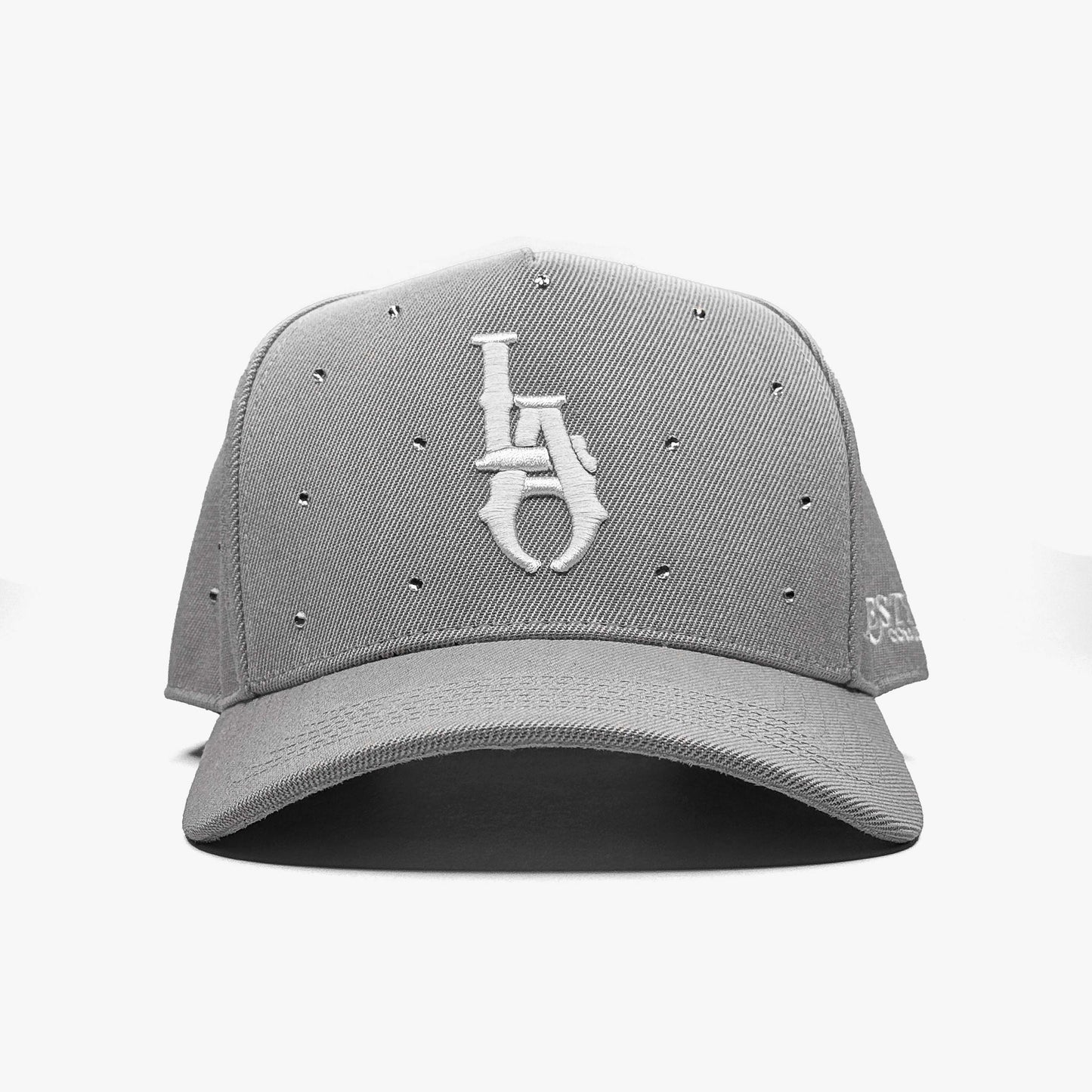 Straight front view of the LA Starlight Fog Edition hat showing 3D embroidery and crystal detailing