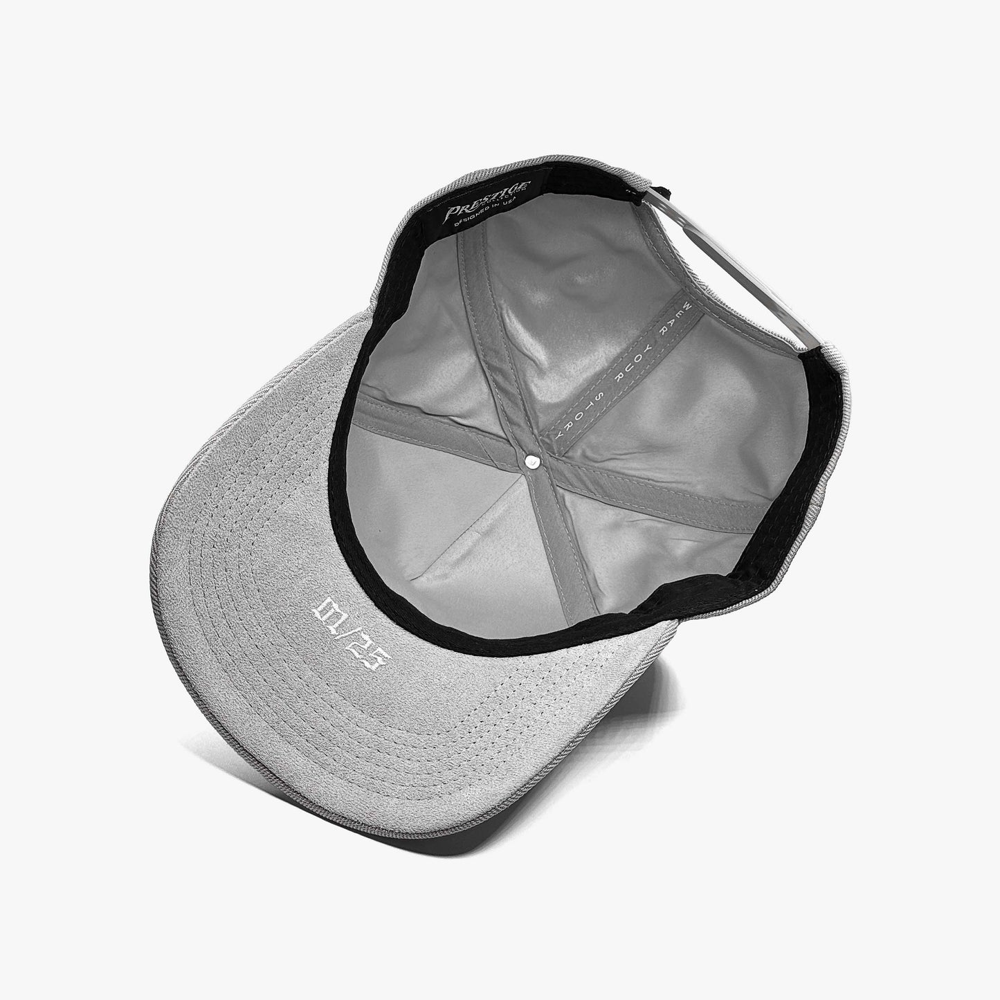 LA Starlight Fog Edition hat under brim with soft grey suede and 1 of 25 abbreviation embroidery
