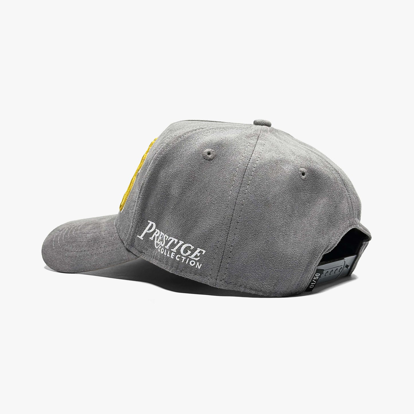Las Vegas Smoke Grey Limited 5-Panel Suede Snapback Hat – Rear View Showing Prestige Collection Logo Embroidery