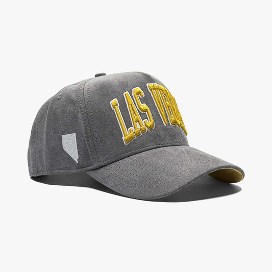 Las Vegas Smoke Grey Limited 5-Panel Suede Snapback Hat – Right Angle View with Nevada Silhouette Embroidery