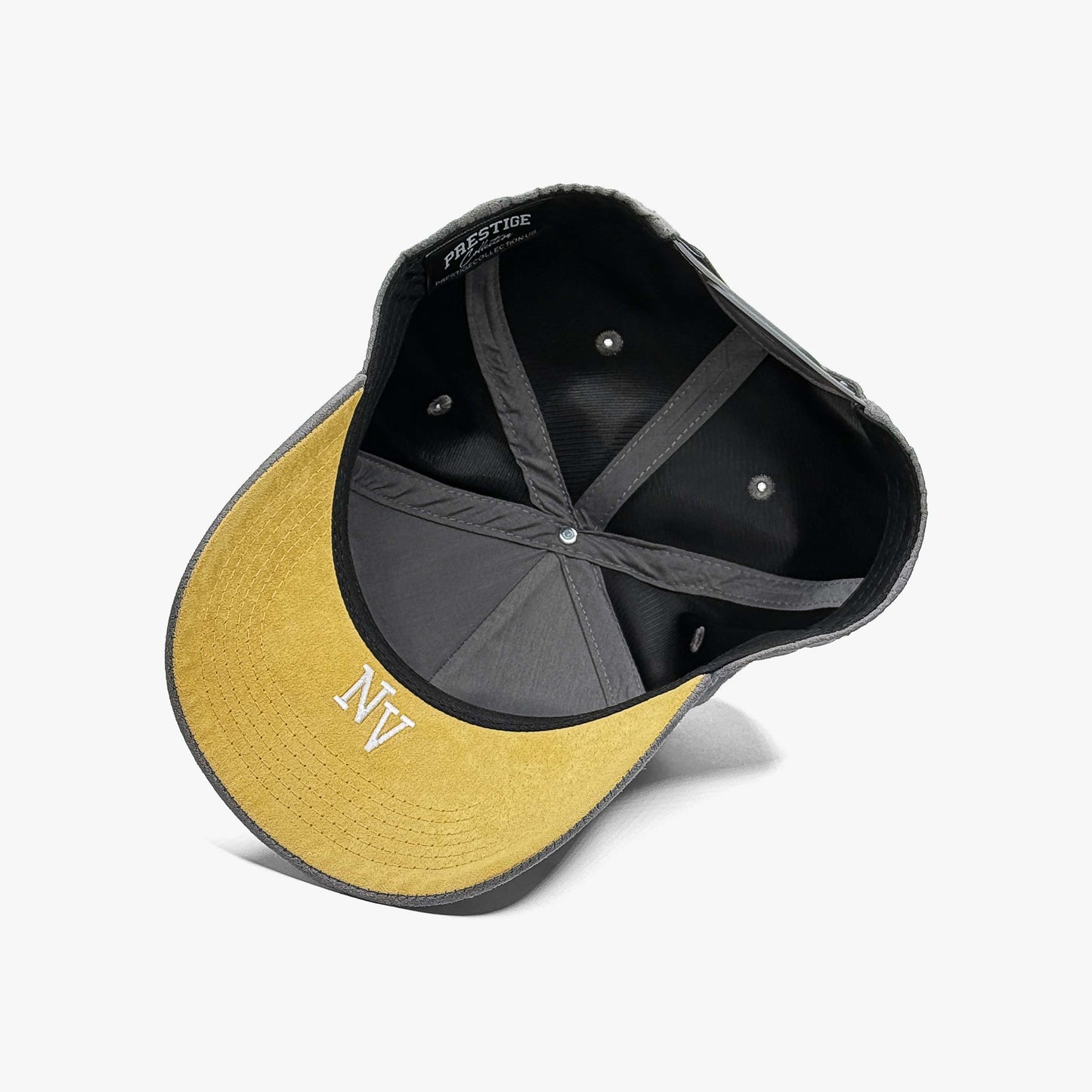 Las Vegas Smoke Grey Limited 5-Panel Suede Snapback Hat – Under Brim View with NV Abbreviation Embroidery