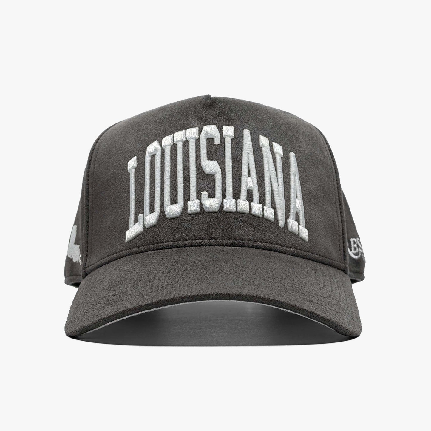 Mississippi Charcoal Suede 5-Panel Snapback Hat – Front View with Louisiana Embroidery