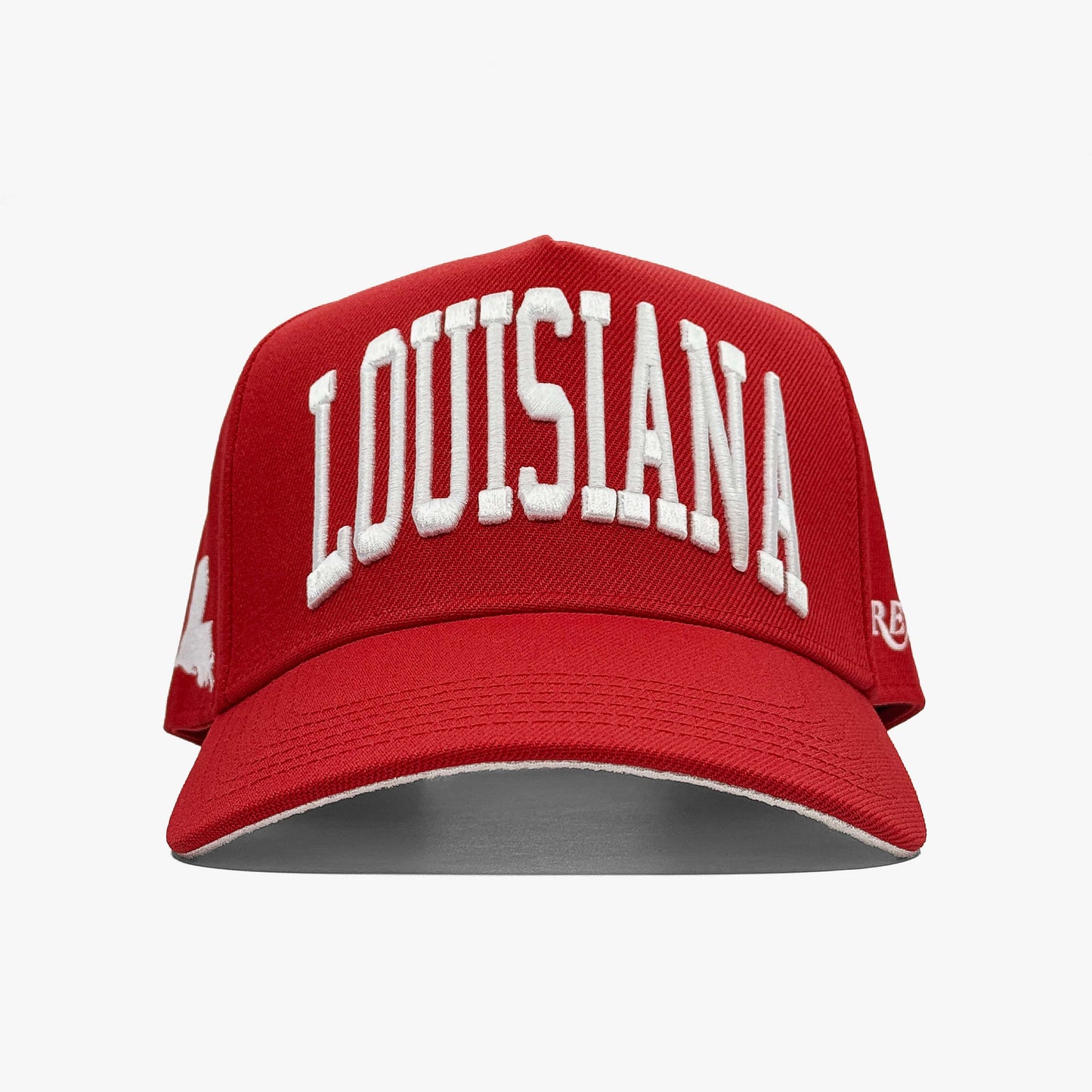 Louisiana Crimson 5-Panel Snapback Hat – Center Front View with Louisiana Embroidery