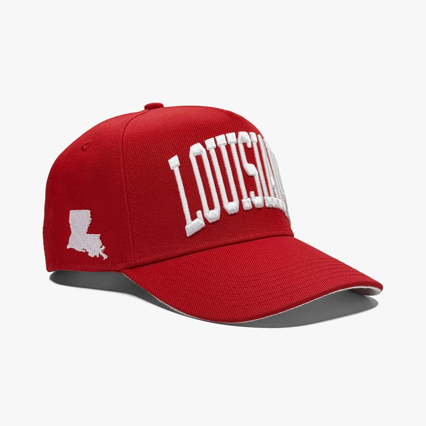 Louisiana Crimson 5-Panel Snapback Hat – Right Angle View with Louisiana State Silhouette Embroidery