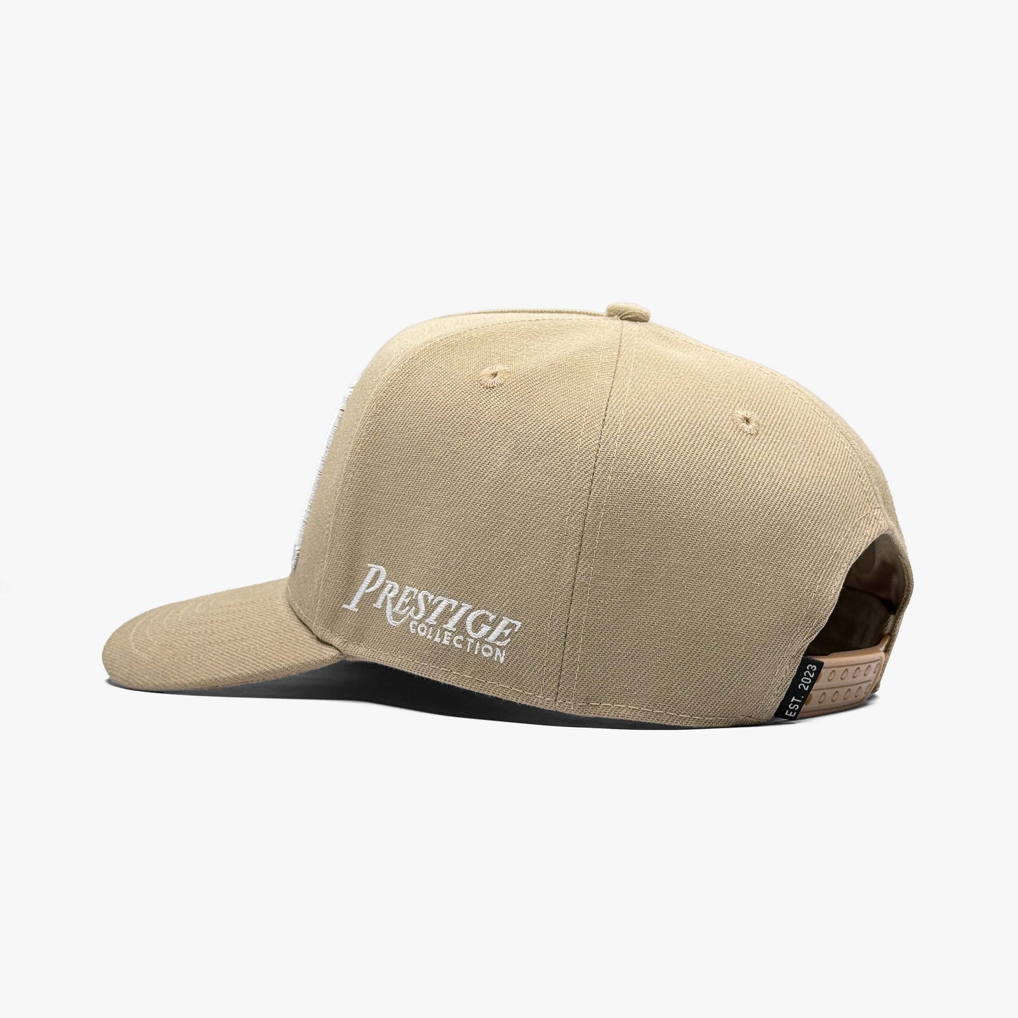 Louisiana sand 5 panel snapback back view with Prestige logo and snapback closure