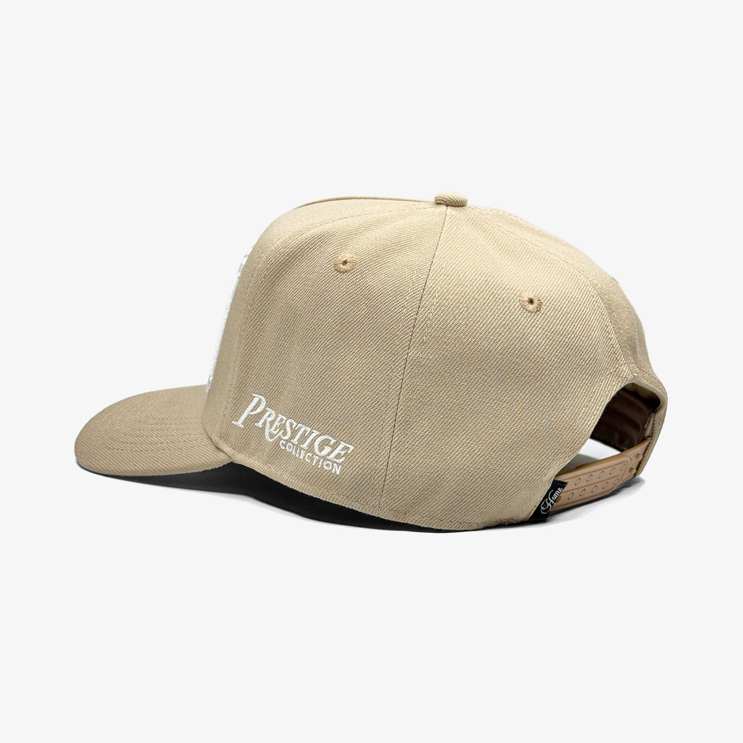 Louisiana sand 5 panel snapback back view with Prestige logo and snapback closure