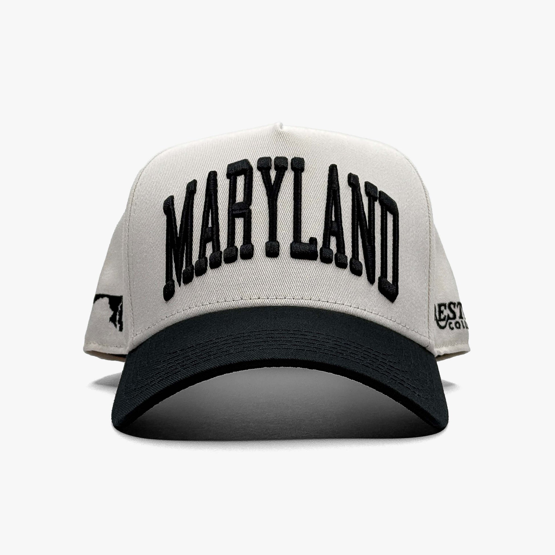 Maryland Off White 5-Panel Snapback Hat – Front View with Maryland Embroidery