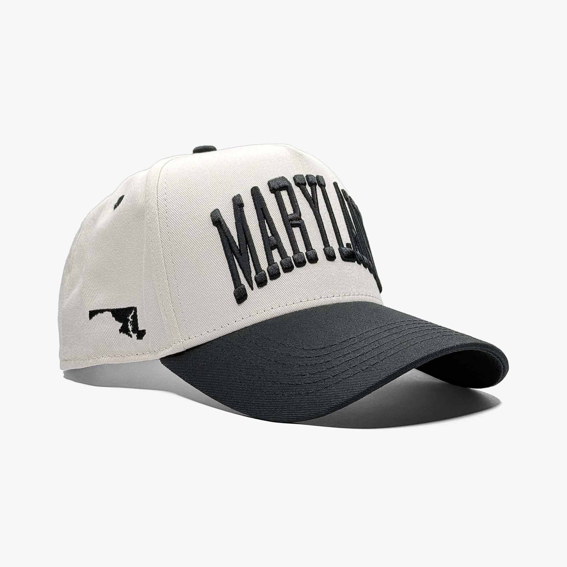 Maryland Off White 5-Panel Snapback Hat – Right Angle View with State Silhouette Embroidery