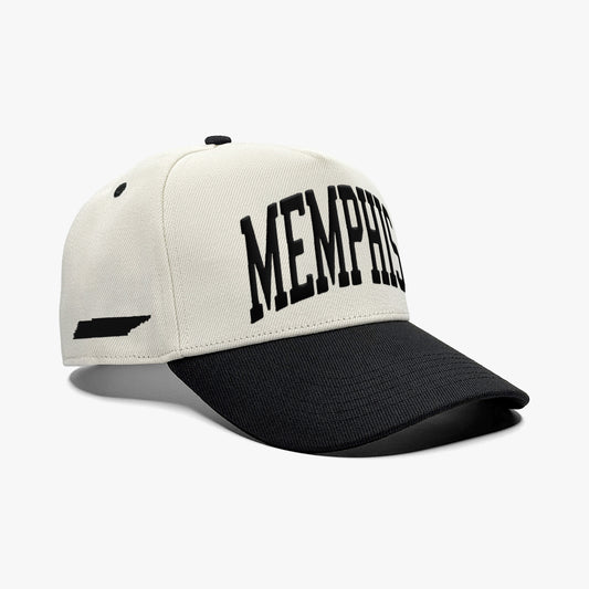 Memphis Off White 5-Panel Snapback Hat – Right Angle View with Memphis State Silhouette Embroidery