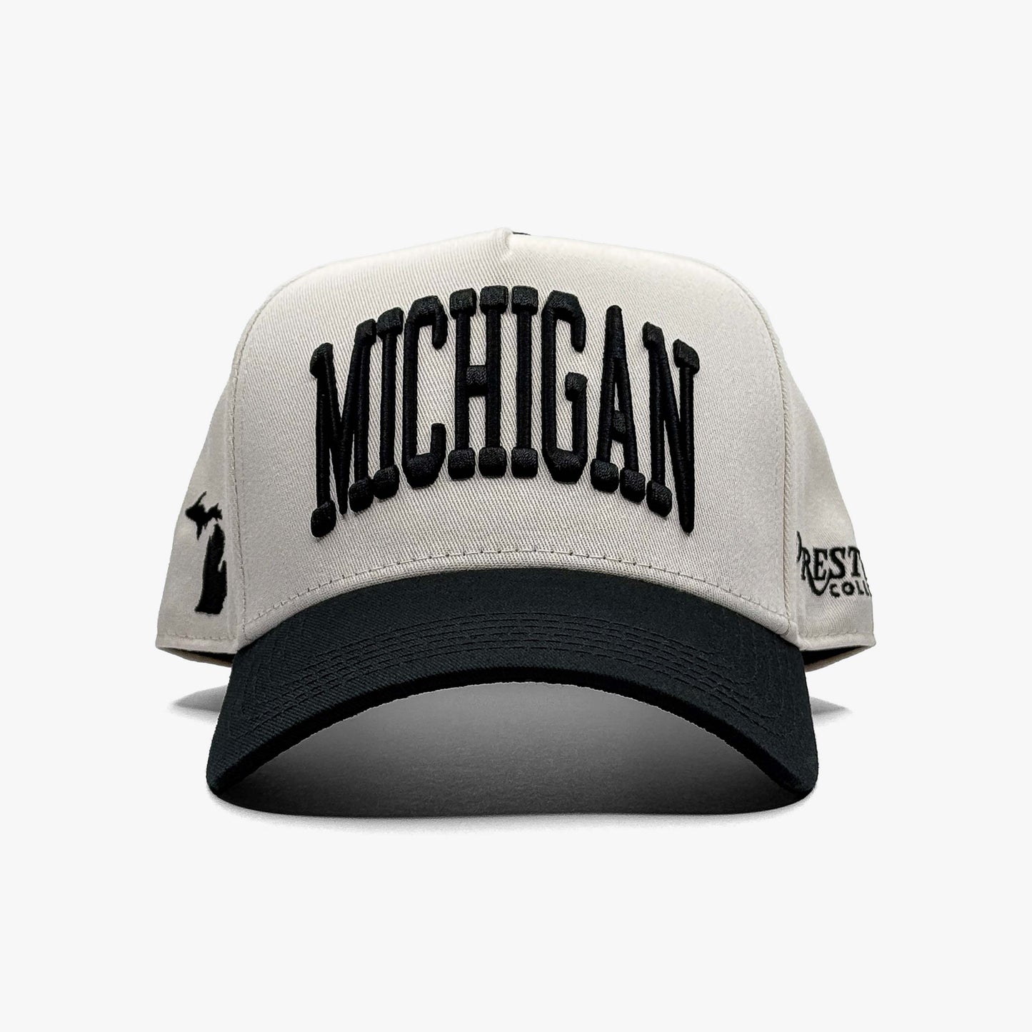 Michigan Off White 5-Panel Snapback Hat – Front View with Michigan Embroidery