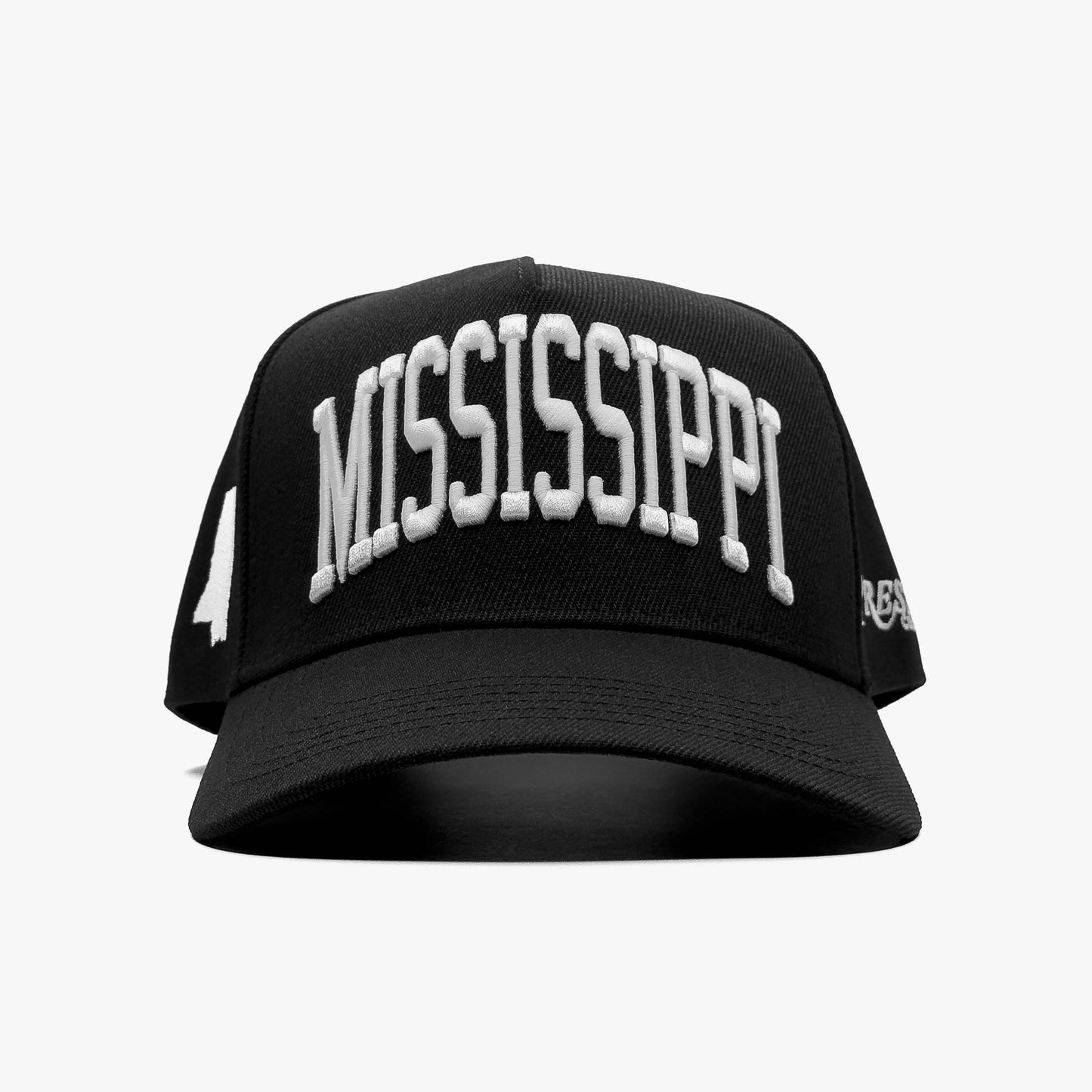 Mississippi Black 5-Panel Snapback Hat – Prestige Collection Front View High-End Embroidered Hat