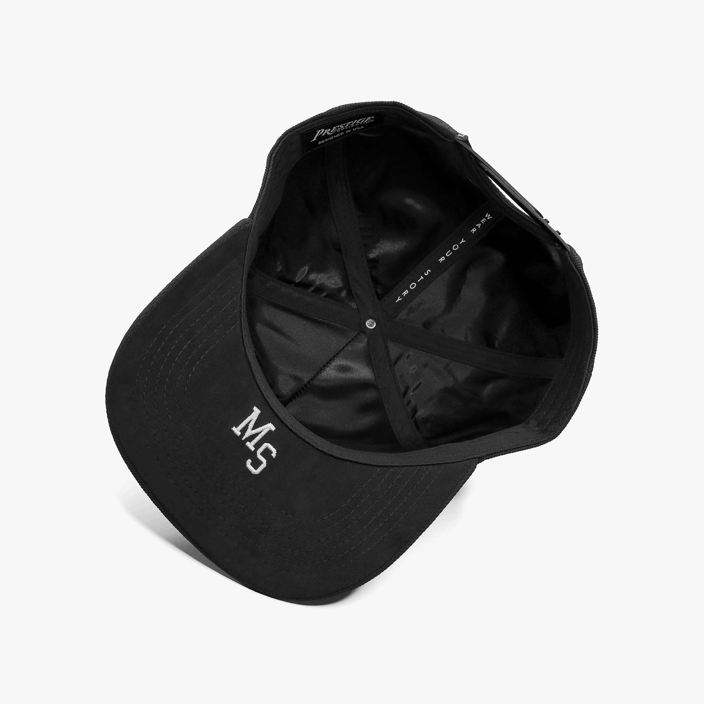 Mississippi Black 5-Panel Snapback Hat – Prestige Collection Under Brim Embroidery MS Detail