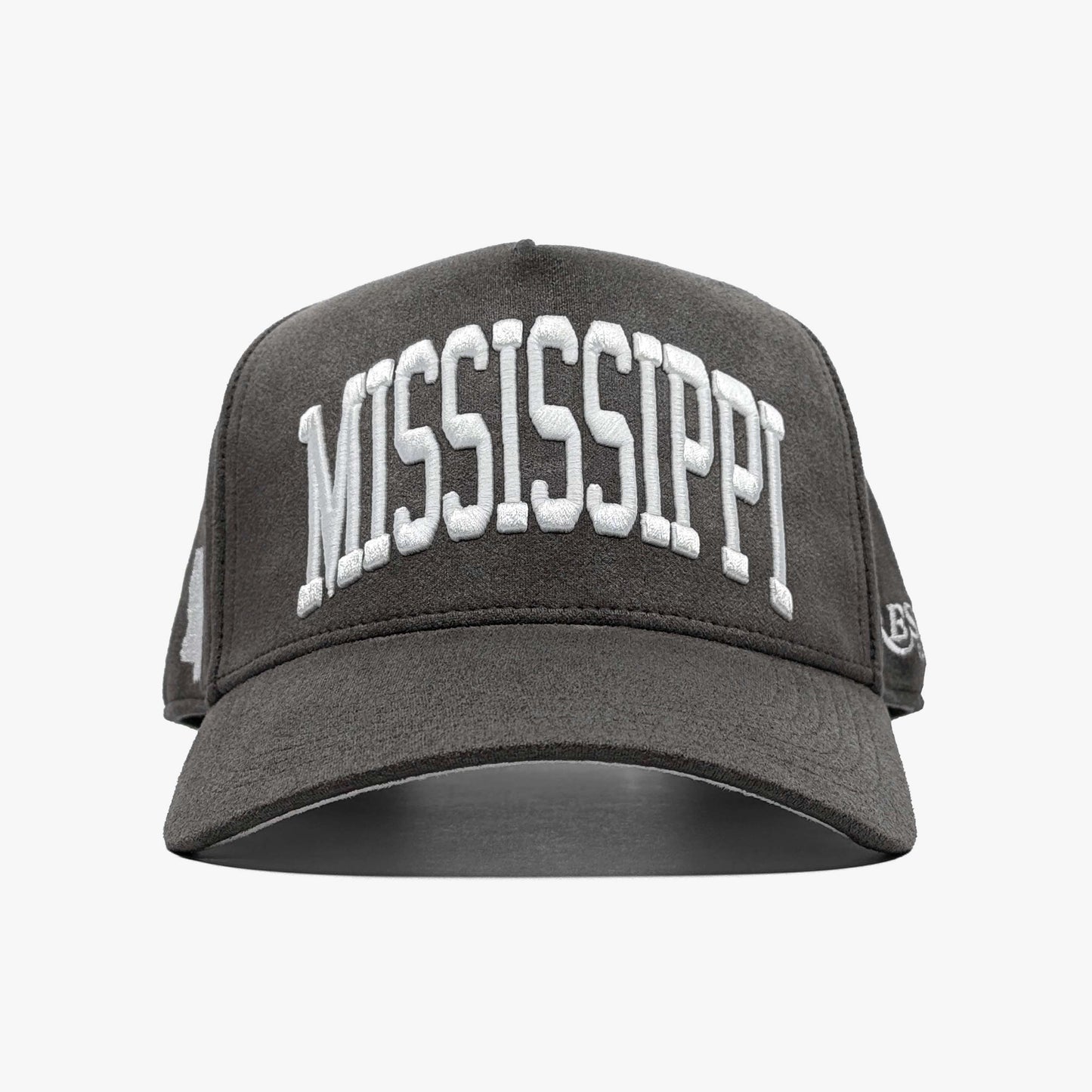 Mississippi Charcoal Suede 5-Panel Snapback Hat – Front View with Mississippi Embroidery