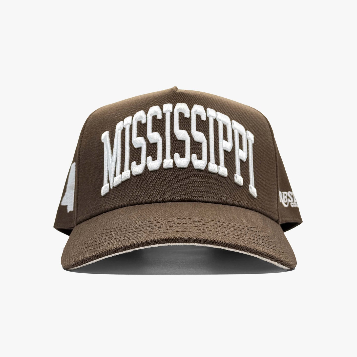 Mississippi Mocha 5-Panel Snapback Hat – Center Front View with Mississippi Embroidery