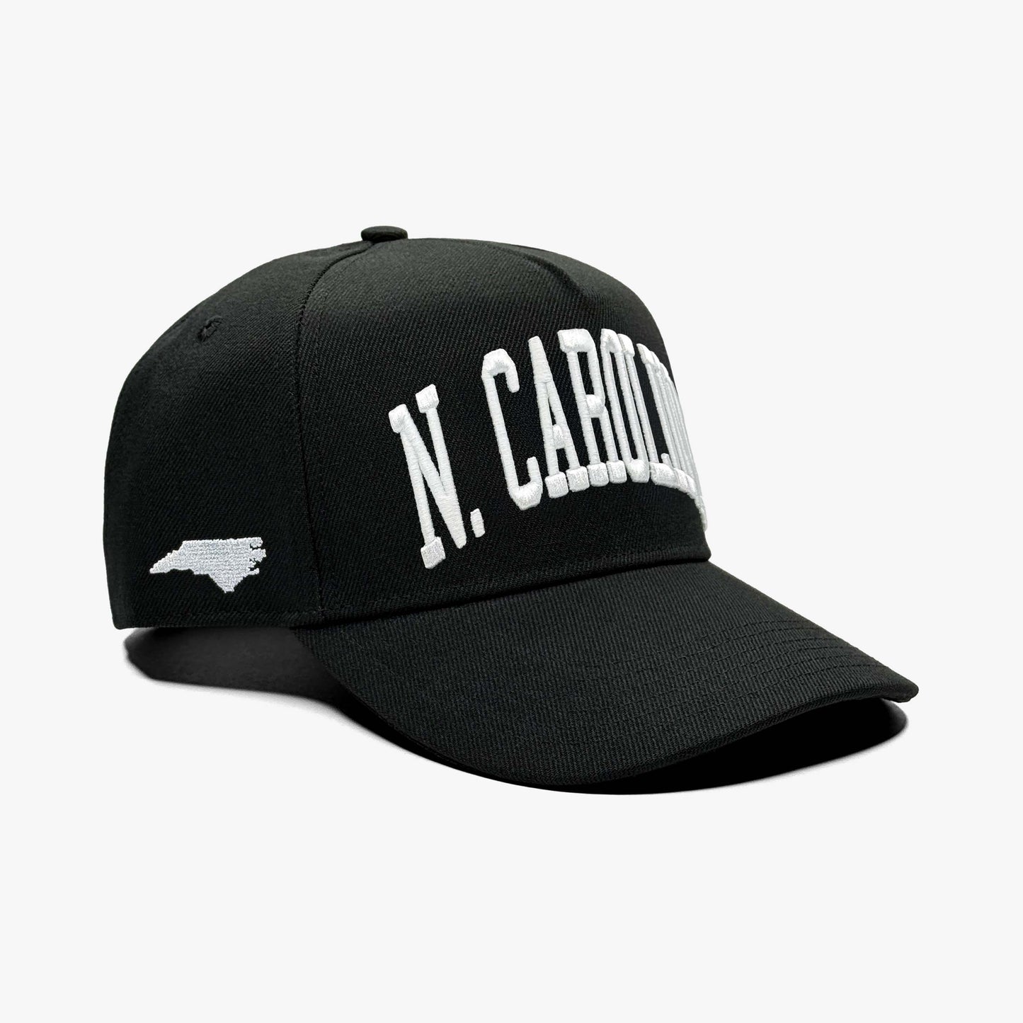 North Carolina Black 5-Panel Snapback Hat – Right Angle View with State Silhouette Embroidery