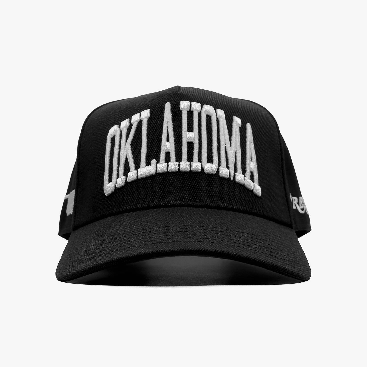 Oklahoma Black 5-Panel Snapback Hat – Prestige Collection Front View with Embroidered Oklahoma Name