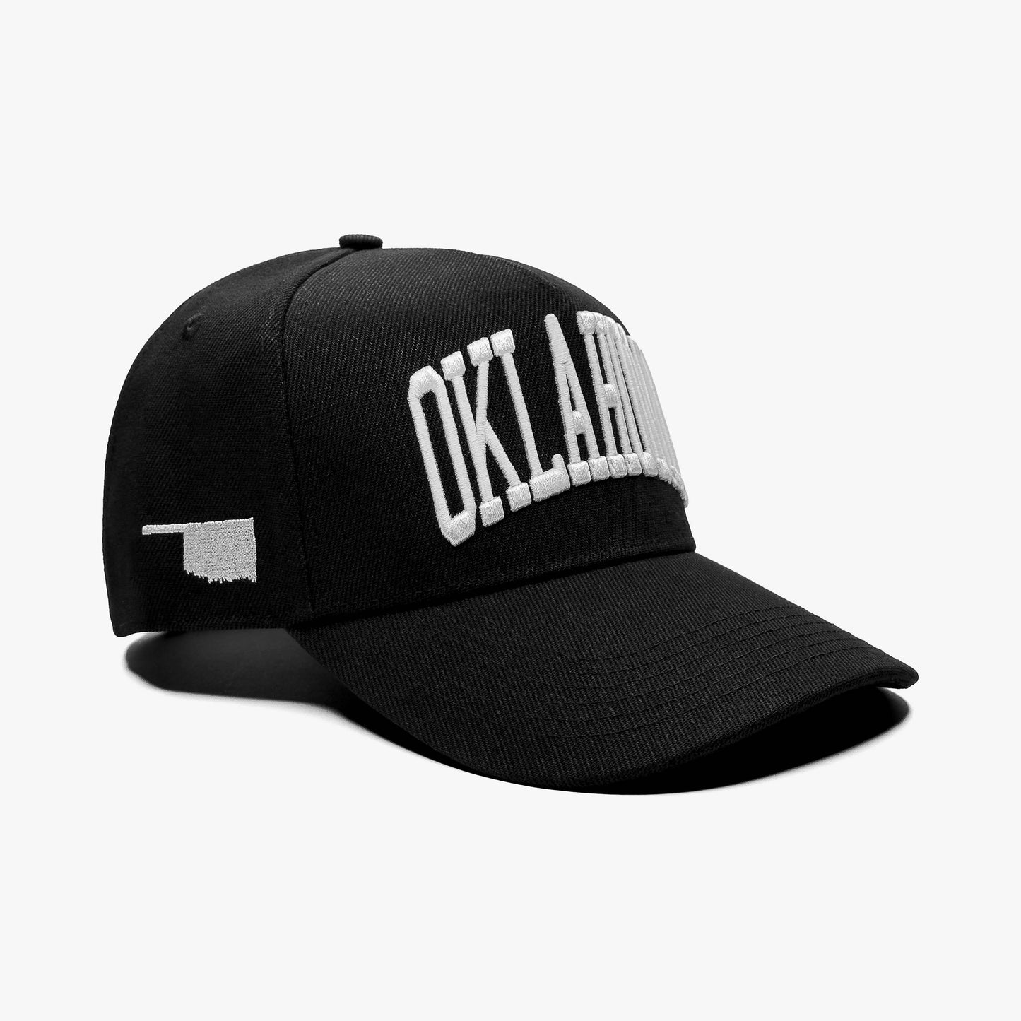 Oklahoma Black 5-Panel Snapback Hat – Prestige Collection Side Angle View with State Silhouette Embroidery