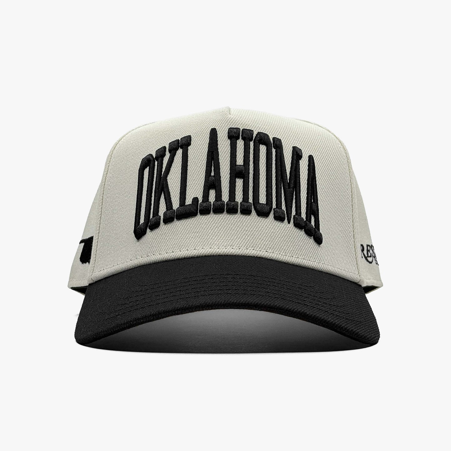 Oklahoma Off White 5-Panel Snapback Hat – Front View with Oklahoma Embroidery