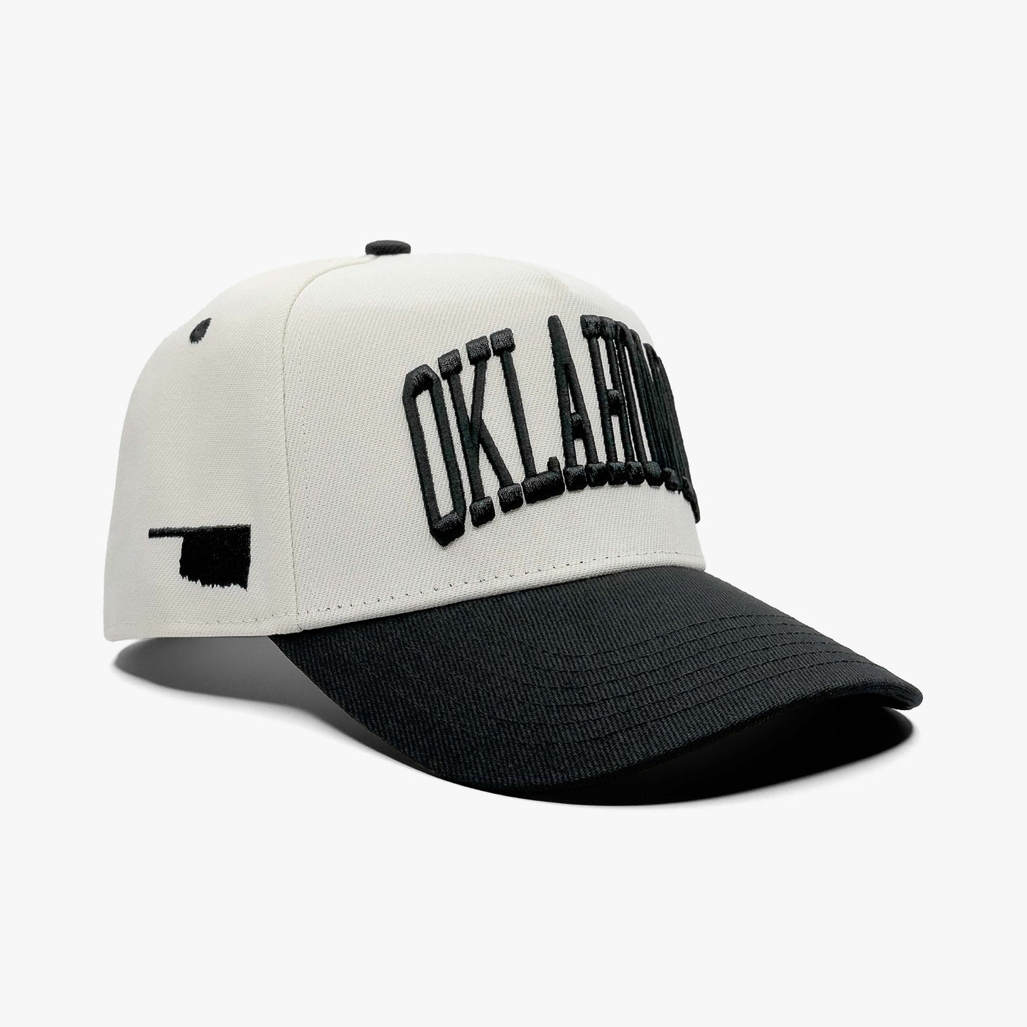 Oklahoma Off White 5-Panel Snapback Hat – Right Angle View with State Silhouette Embroidery