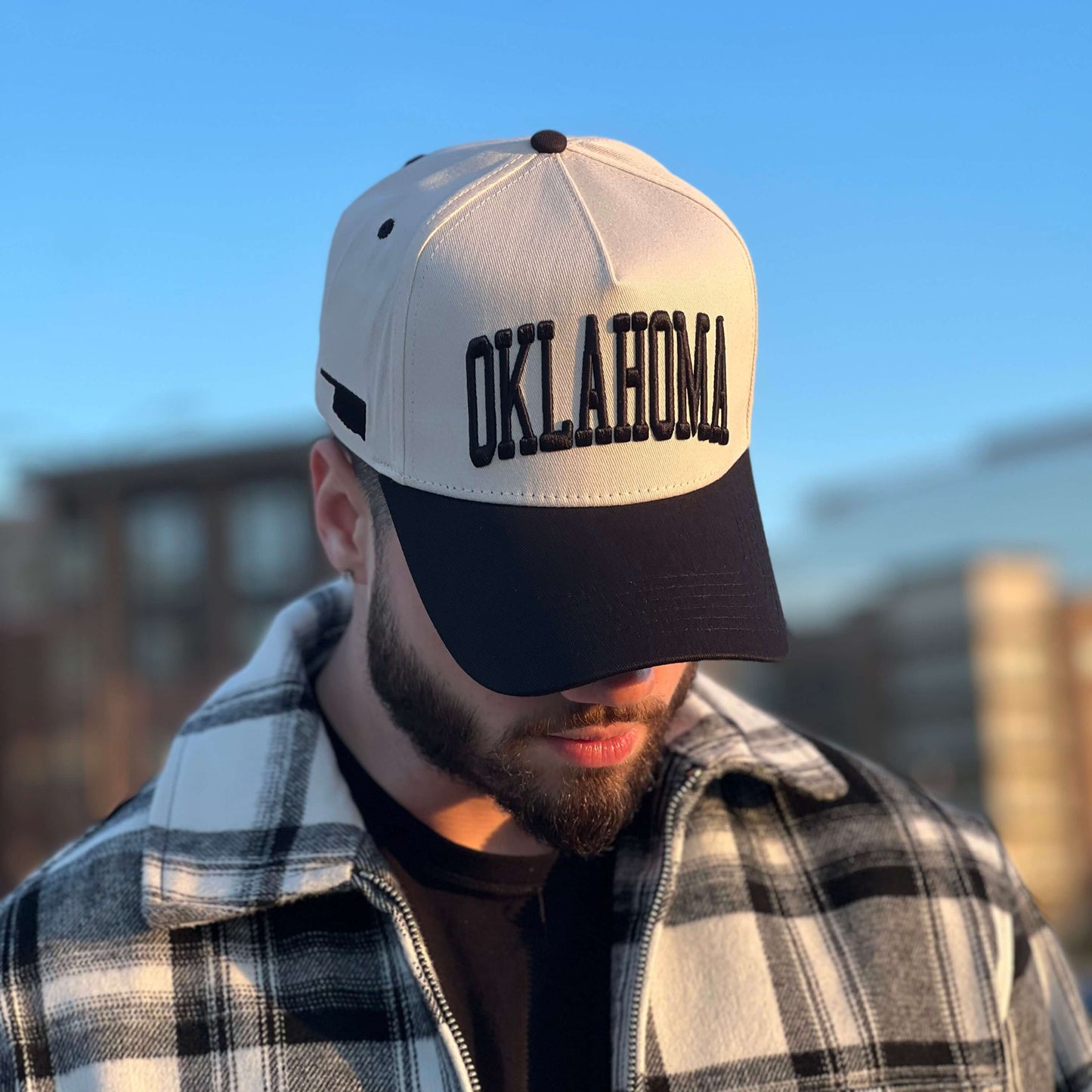 Oklahoma Off White 5-Panel Snapback Hat – Model Front View Wearing Snapback